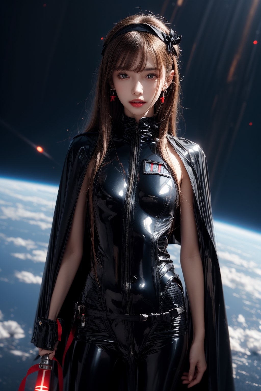 1girl, solo, long hair, looking at the viewer, smile, teeth, bangs, brown hair, realistic, tight suit, dressed as Sith. starwars. sith. black cloak. Holding a Blue lightsaber. a spacewalk, no ground, latex suit, zero gravity, earrings, black eyes, lips, bow headband, lips, ribbon, realistic, parted lips, lips, ribbon, realistic, blurry background,