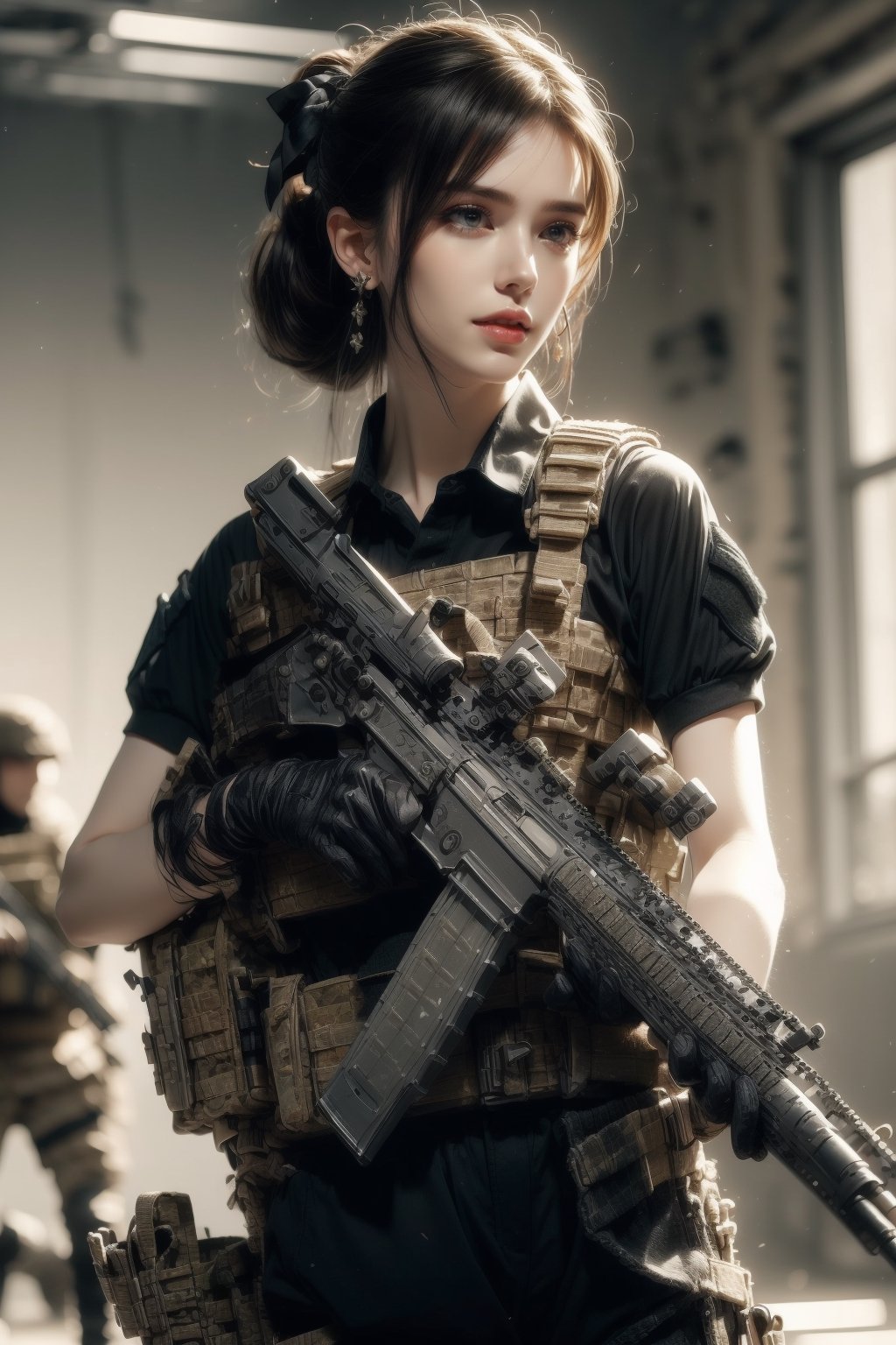 1girl, solo, long hair, looking at the viewer, smile, laugh,  bangs, brown hair, realistic, ponytail, open mouth, gloves, holding, weapon,  realistic, short sleeves, boots, black gloves, pants, fingerless gloves, black footwear, holding weapon, blurry, gun, military, black shirt, blurry background, black pants, holding gun, equipped with an ultrarealistic photorealistic detailed pistol, knee pads, one knee, combat boots, pistol, Military,  elegance, masterpiece, earrings, realistic,  masterpiece, best quality, photorealistic, raw photo,  earrings, black eyes, lips, bow headband, lips, ribbon, realistic, parted lips, lips, ribbon, realistic, blurry background, Military,Taskforce,Assault rifle 