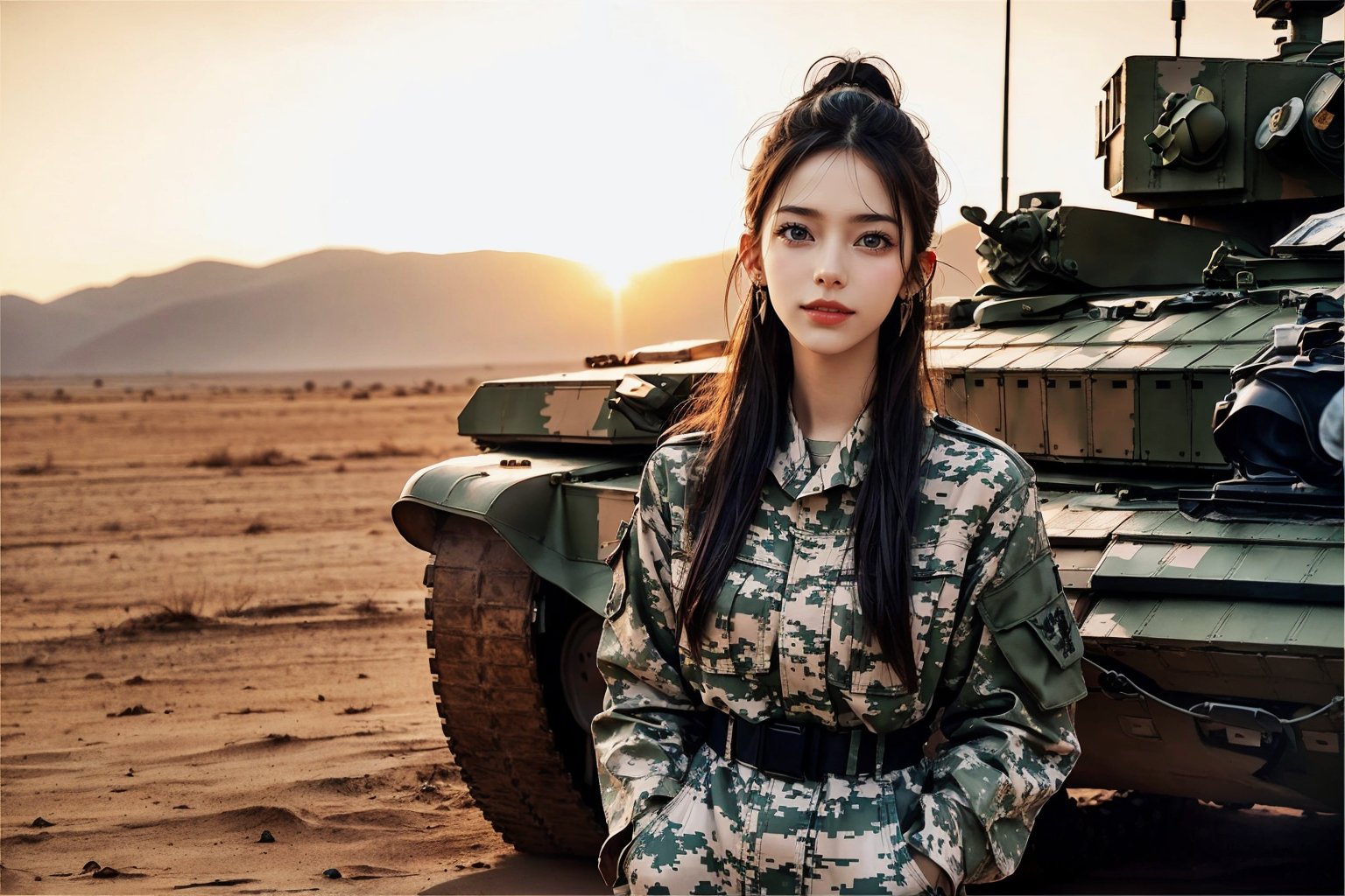 a 20 yo woman, smile, laugh, long hair, medium breast, sexy, realistic,  bright sunny smile, parted lips,   jewelry, earrings, ponytail, lips, Tight-fitting military uniform, camouflage military uniform, camouflage, long sleeves, and long pants, medium breast, in the desert,  stand near a  giant tank, Hands in pockets with direct lighting, long hair, soothing tones, high contrast, (natural skin texture, hyperrealism, soft light, sharp), chromatic_background, Detailedface, Detailed eyes, Detailedface, blurry background,realistic hands,tank