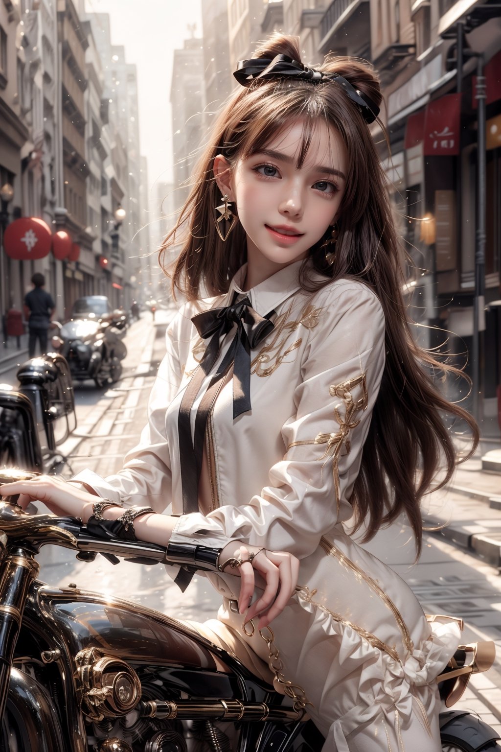 1girl, solo, long hair,  smile, laugh, bangs, brown hair, realistic,  medium breast, rides a (speed motorcycle) in the urban area, she rides confidently, adorned in white collared long sleeve shirts, long pants, photorealistic:1.3, best quality, masterpiece,((1 girl on motorcycle )), earrings, black eyes, lips, bow headband, lips, ribbon, realistic, parted lips, lips, ribbon, realistic, blurry background,sprbk