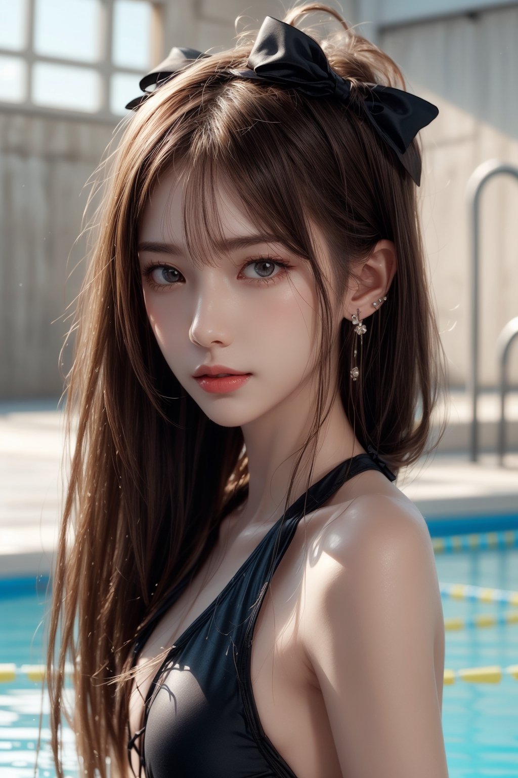 1girl, solo, long hair, looking at the viewer, smile, bangs, brown hair, realistic, shoulders-long messy elegant hair. (masterpiece, best quality, CGI, official art:1.2),  standing, swimsuit, cowboy shot, in school swimming pool, lips, one-piece swimsuit, school swimsuit, realistic,  masterpiece, best quality, photorealistic, raw photo,  earrings, black eyes, lips, bow headband, lips, ribbon, realistic, parted lips, lips, ribbon, realistic, blurry background,