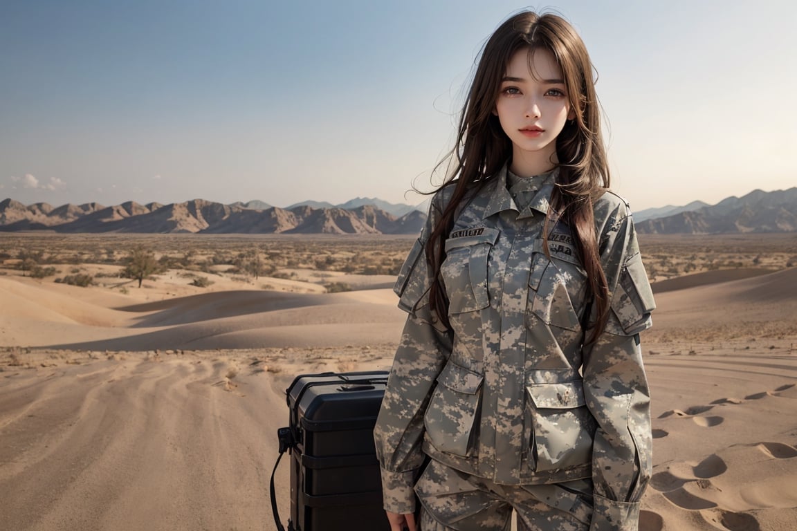 a 20 yo woman, upper body, smile, Tight-fitting military uniform, camouflage military uniform,camouflage, long sleeves and long pants, medium breast, in the desert , stand in front of a huge tank  direct lighting,  long hair,  soothing tones,  high contrast,  (natural skin texture,  hyperrealism,  soft light,  sharp), chromatic_background, simple background, Detailedface, Detailed eyes, Detailedface,MRRPSS, blurry_background