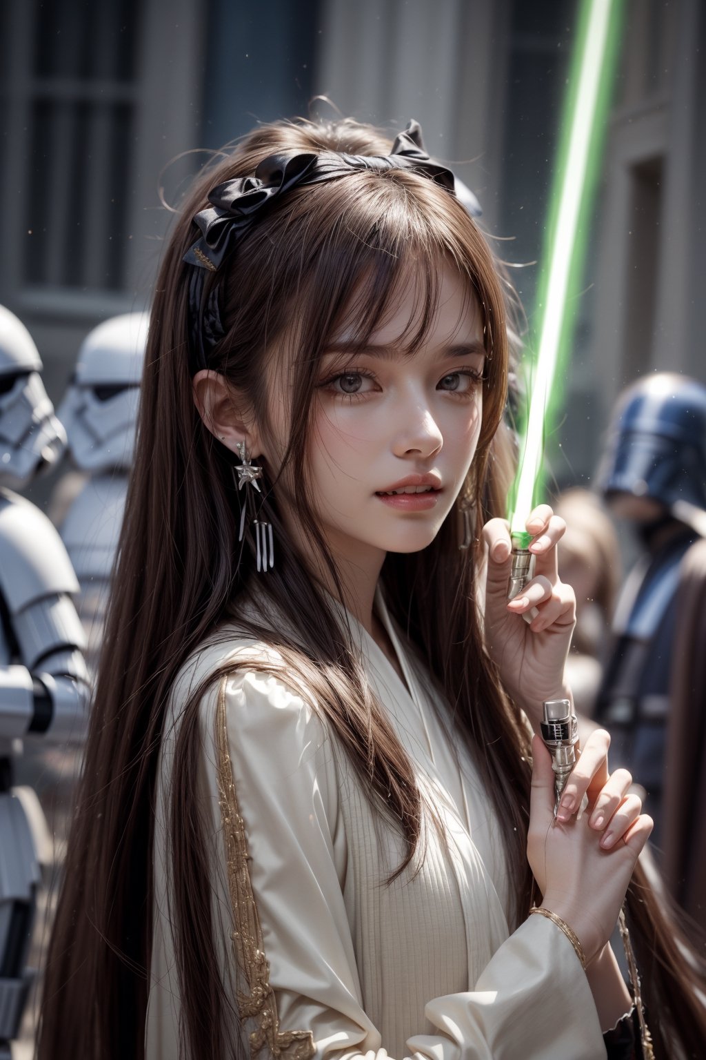 1girl, solo, long hair, looking at the viewer, smile, teeth, bangs, brown hair, realistic, dressed as Sith. starwars. sith.  Holding a lightsaber, earrings, black eyes, lips, bow headband, lips, ribbon, realistic, parted lips, lips, ribbon, realistic, blurry background,sthoutfit,light_saber,JediOutfit