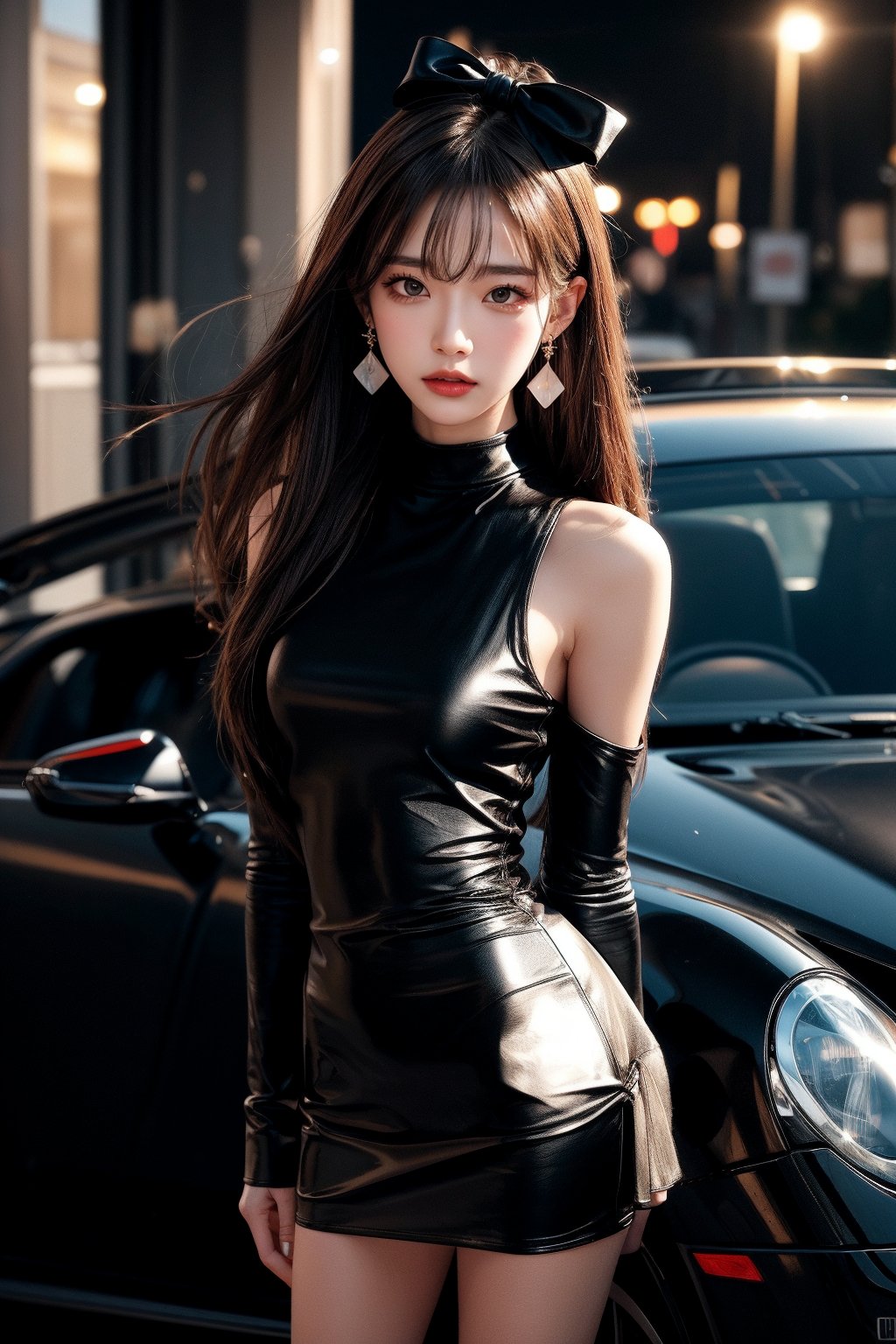 1girl, solo, long hair, looking at the viewer, smile, bangs, brown hair, realistic, shoulders-long messy elegant hair. ((Mock Neck Illusion Long Sleeve very short black minidress Black Leather)) ,  jewels. standing in a parking lot, sports car, at night, masterpiece, best quality, photorealistic, raw photo, earrings, black eyes, lips, bow headband, lips, ribbon, realistic, parted lips, lips, ribbon, realistic, blurry background,Car,super car