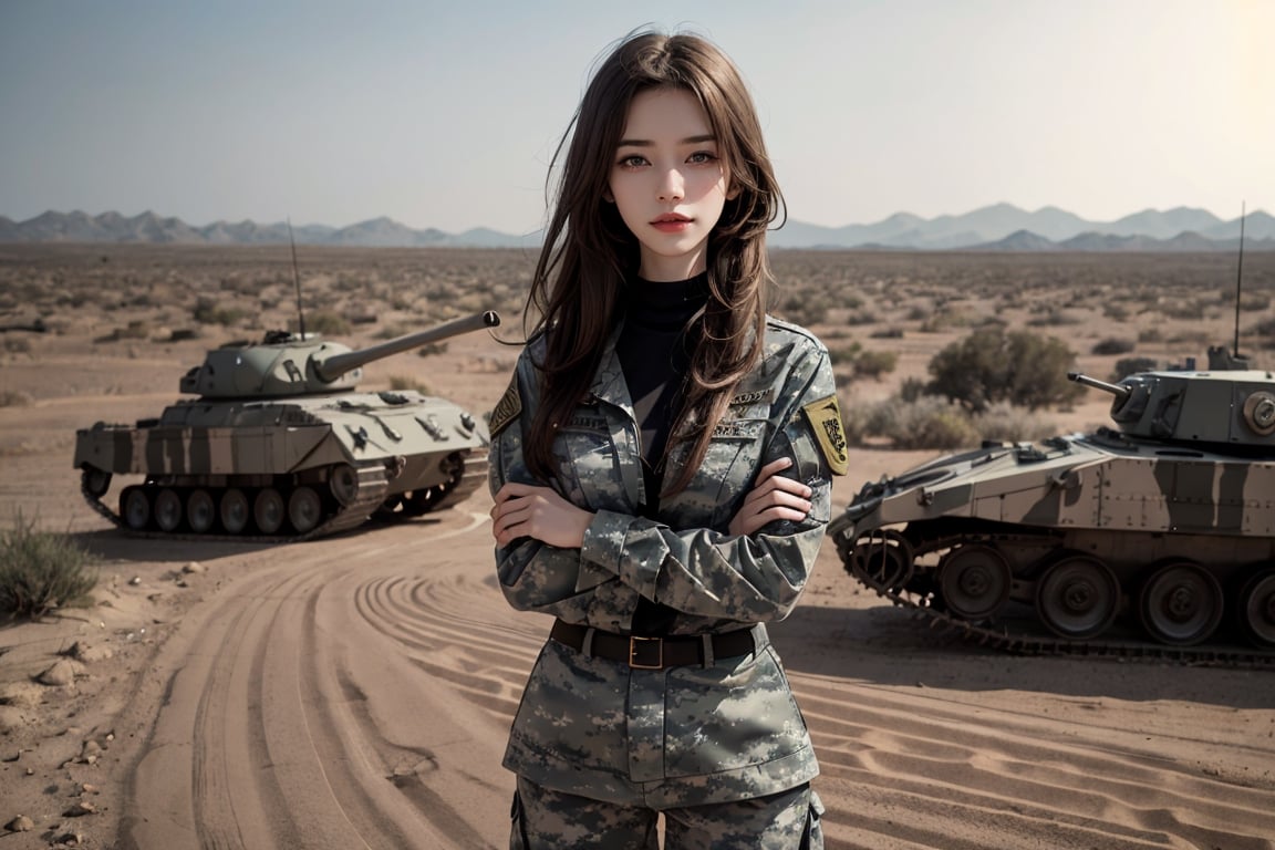 a 20 yo woman, upper body, smile, Tight-fitting military uniform, camouflage military uniform,camouflage, long sleeves and long pants, medium breast, in the desert , stand in front of a huge tank  direct lighting, Crossed arms,  long hair,  soothing tones,  high contrast,  (natural skin texture,  hyperrealism,  soft light,  sharp), chromatic_background, simple background, Detailedface, Detailed eyes, Detailedface,MRRPSS, blurry_background