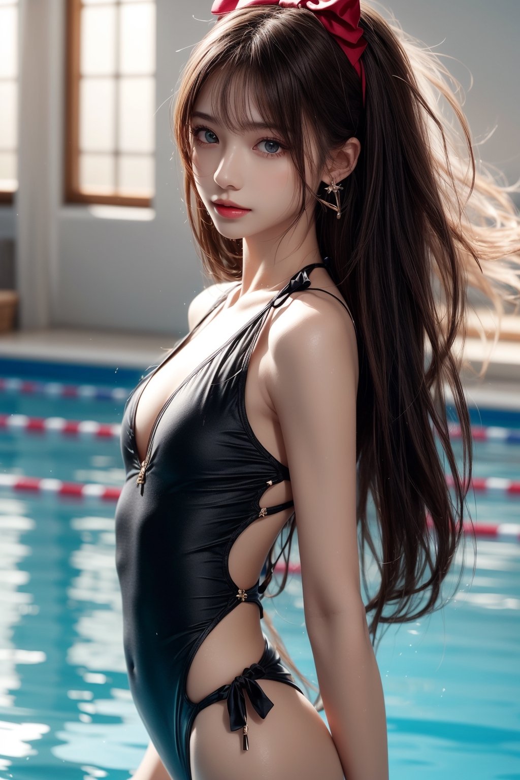 1girl, solo, long hair, looking at the viewer, smile, bangs, brown hair, realistic, shoulders-long messy elegant hair. (masterpiece, best quality, CGI, official art:1.2),  standing, swimsuit, cowboy shot, in school swimming pool, lips, one-piece swimsuit, school swimsuit, realistic,  masterpiece, best quality, photorealistic, raw photo,  earrings, black eyes, lips, bow headband, lips, ribbon, realistic, parted lips, lips, ribbon, realistic, blurry background,