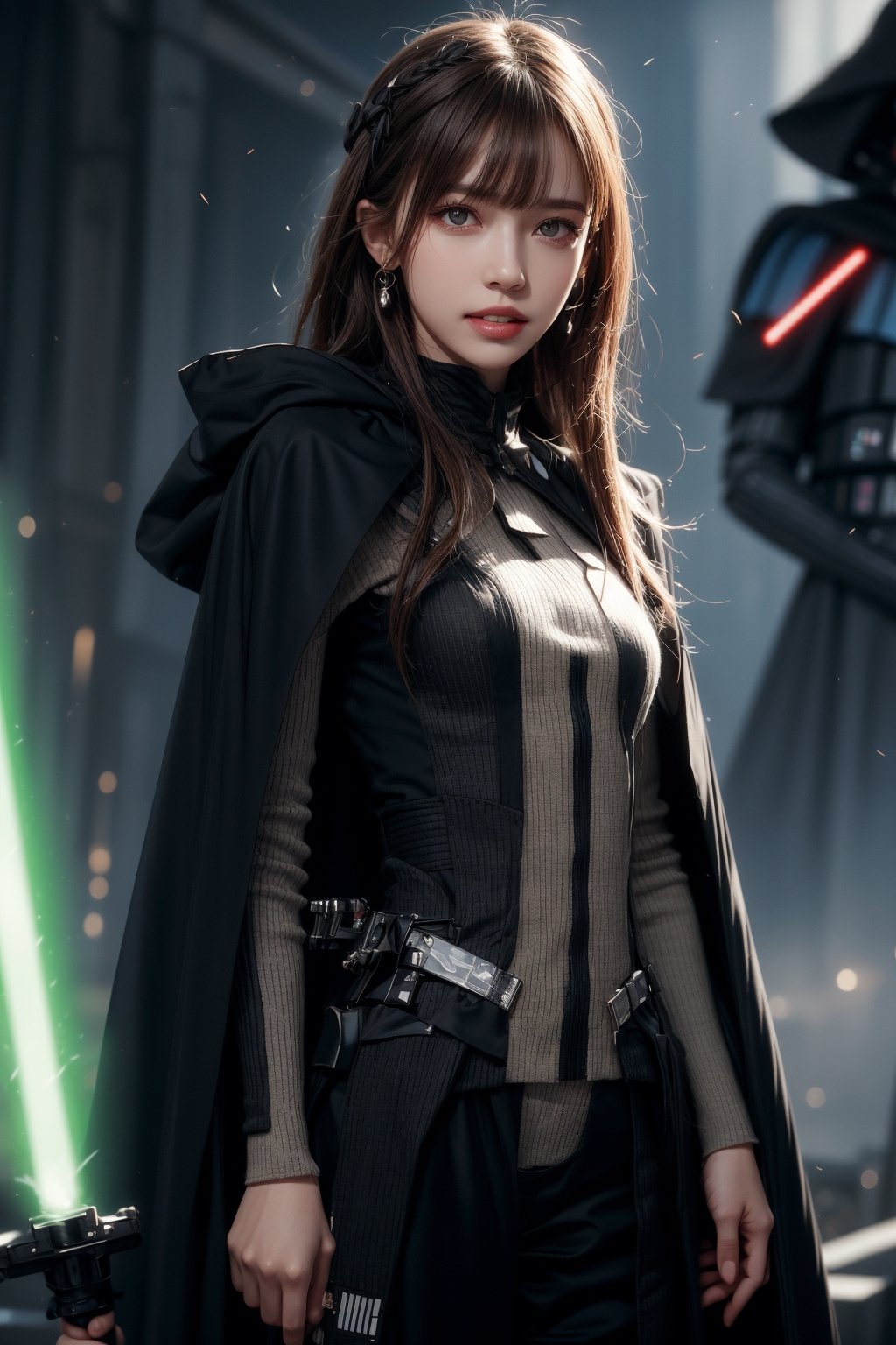 1girl, solo, long hair, looking at the viewer, smile, teeth, bangs, brown hair, realistic,  wearing a tight suit, dressed as Sith. Starwars. Sith. black cloak. rope, Holding a Blue lightsaber. energy sword, lightsaber,  standing at warzone, Starwars, explosions, laser shots, action scene (HDR:1.5) earrings, black eyes, lips, bow headband, lips, ribbon, realistic, parted lips, lips, ribbon, realistic, blurry background,