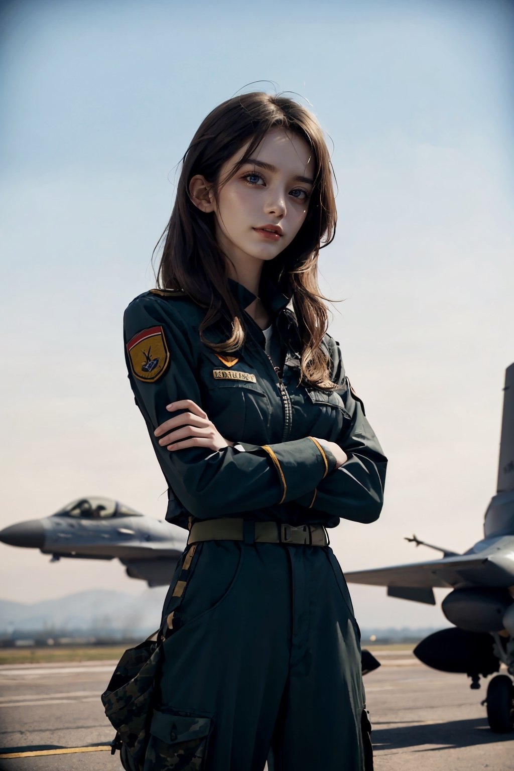 a 20 yo woman, upper body, smile, Tight-fitting military uniform, camouflage military uniform, emblem, crossed arms, long sleeves and long pants, medium breast, at the air force base tarmac,  day, standing in front of a fight jet(F-16),  direct lighting,  long hair,  soothing tones,  high contrast,  (natural skin texture,  hyperrealism,  soft light,  sharp), chromatic_background, simple background, Detailedface, Detailed eyes, Detailedface,MRRPSS, ,F-22,F16 FALCON