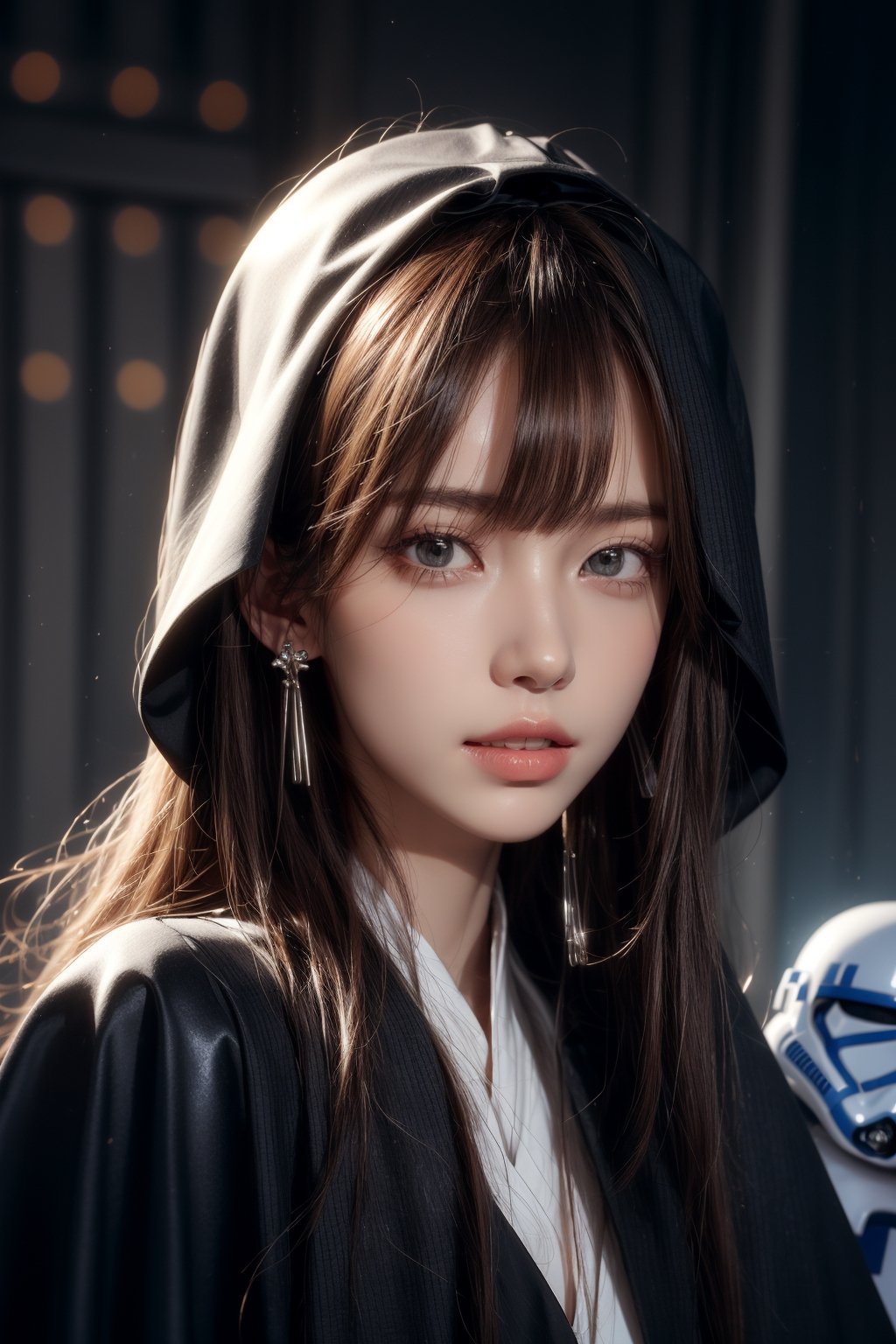 1girl, solo, long hair, looking at the viewer, smile, teeth, bangs, brown hair, realistic, dressed as Sith. starwars. sith. black cloak. Holding a Blue lightsaber, latex suit, Starwars stormtroopers, earrings, black eyes, lips, bow headband, lips, ribbon, realistic, parted lips, lips, ribbon, realistic, blurry background,