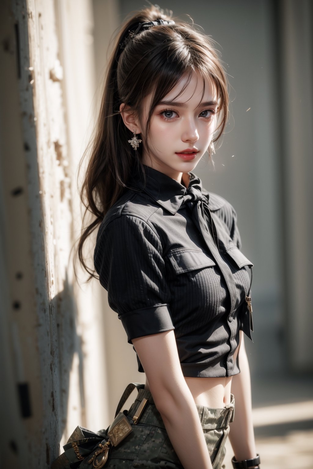 1girl, solo, long hair, upper body, cowboy shot, looking at the viewer, smile, laugh,  bangs, brown hair, realistic, ponytail, open mouth,  realistic, short sleeves, boots, black gloves, pants,  blurry, military, black shirt, blurry background,  Military,  elegance, masterpiece, earrings, realistic, masterpiece, best quality, photorealistic, raw photo,  earrings, black eyes, lips, bow headband, lips, ribbon, realistic, parted lips, lips, ribbon, realistic, blurry background, Military,Taskforce,girl