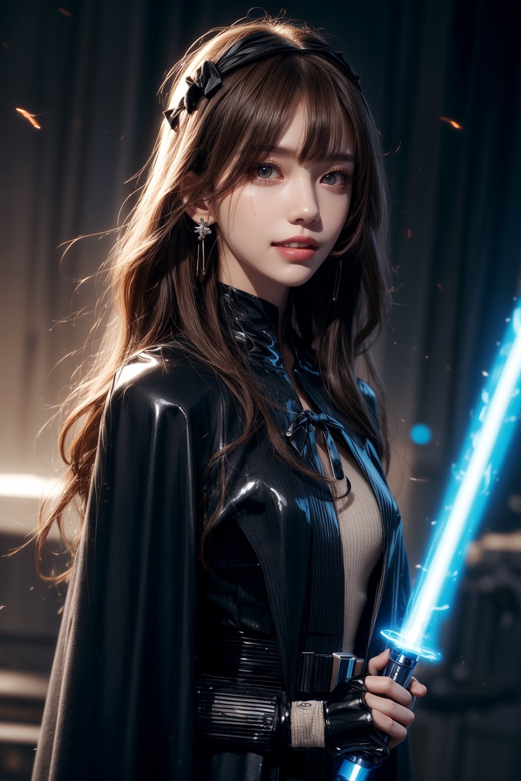 1girl, solo, long hair, looking at the viewer, smile, teeth, bangs, brown hair, realistic, dressed as Sith. starwars. sith. black cloak. Holding a Blue lightsaber. a spacewalk, no ground, latex suit, zero gravity, earrings, black eyes, lips, bow headband, lips, ribbon, realistic, parted lips, lips, ribbon, realistic, blurry background,