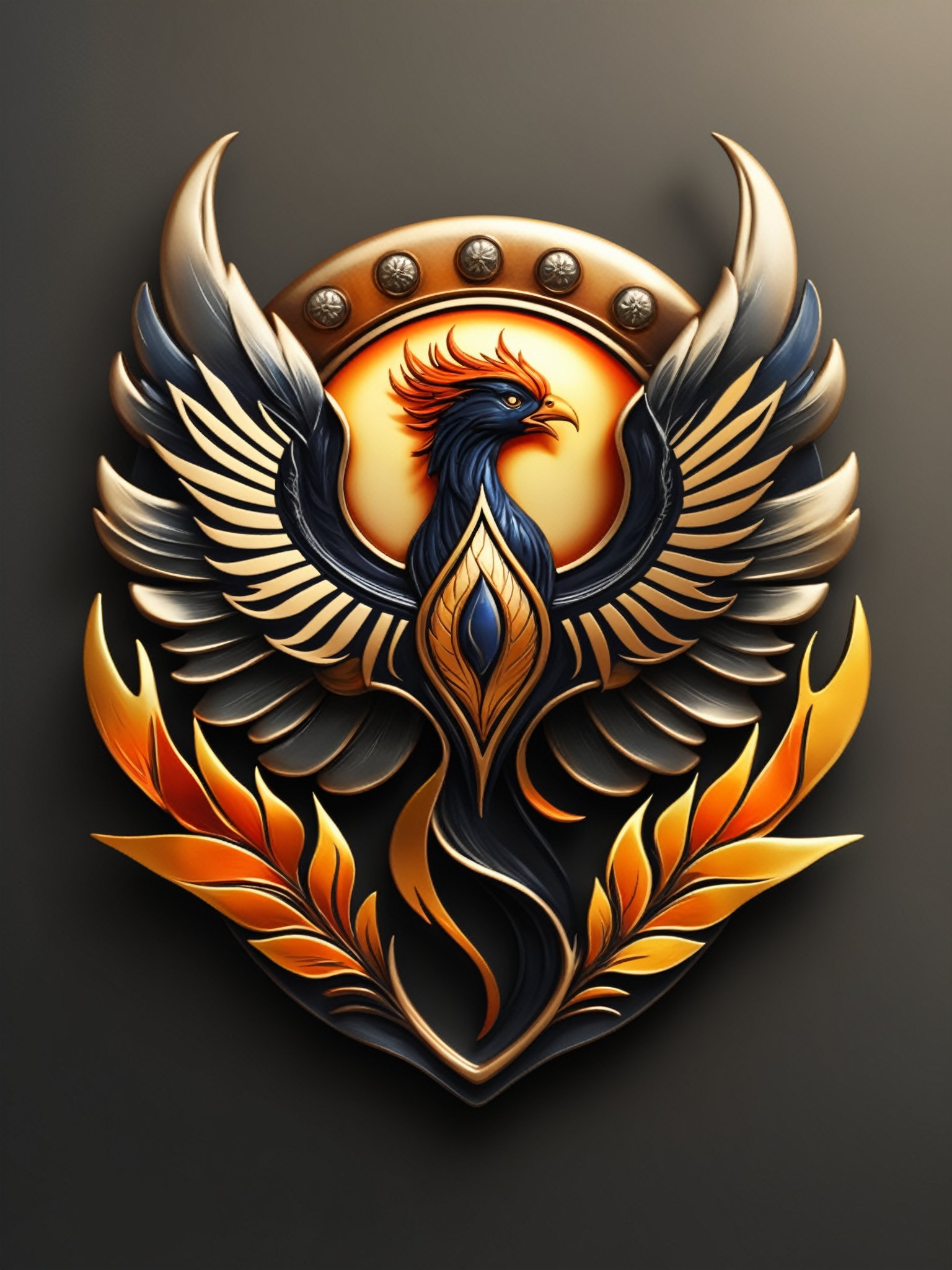 Masterpiece,  realistic. High quality. Badge. a symbol of The flame has the silhouette of a phoenix. With text: TA Anniver...