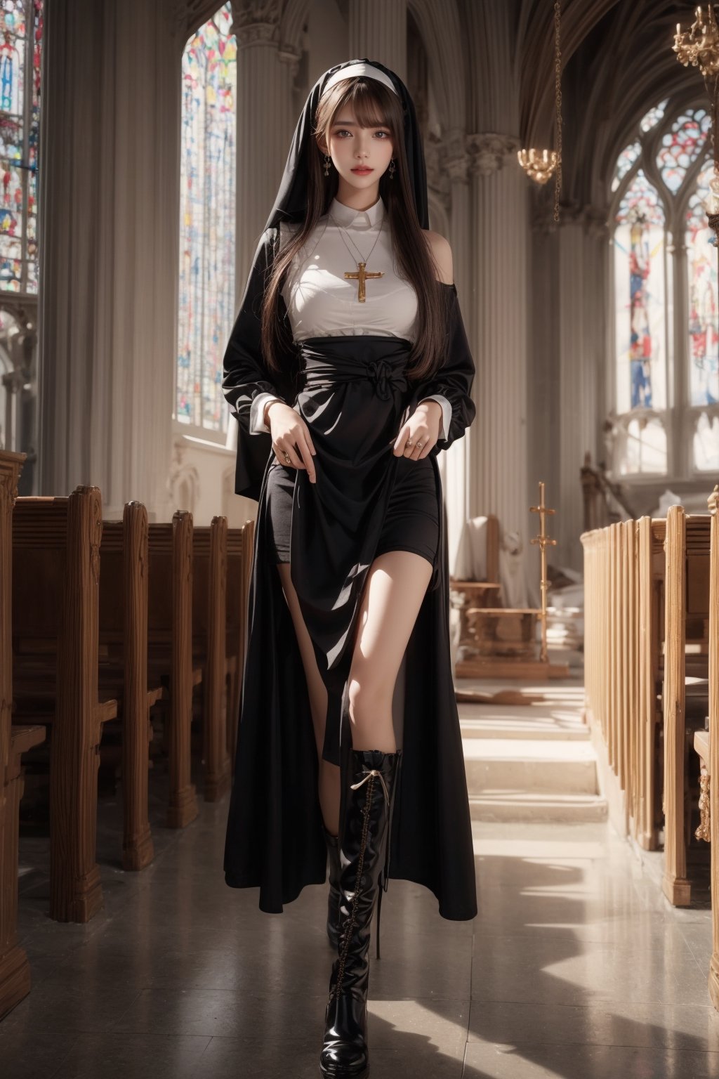 1girl, solo, long hair, looking at the viewer, smile, laugh,  bangs, brown hair, realistic, shoulders-long messy elegant hair, high boots, nun suit, in the church, cleavage, skirt, boots, elegance, masterpiece,  Cross necklace, earrings, realistic,  masterpiece, best quality, photorealistic, raw photo,  earrings, black eyes, lips, bow headband, lips, ribbon, realistic, parted lips, lips, ribbon, realistic, blurry background, 