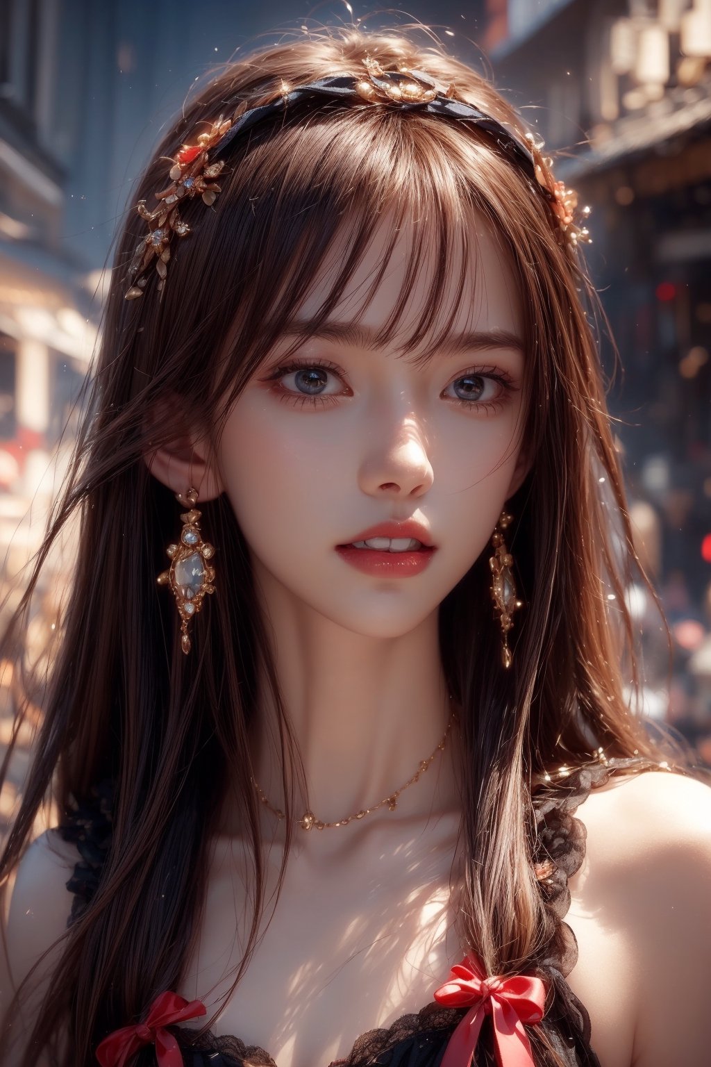 1girl, solo, long hair, looking at the viewer, smile, teeth, bangs, brown hair, realistic, (masterpiece, best quality, CGI, official art:1.2),  (masterpiece, top quality, best quality, official art, beautiful and aesthetic:1.2), (1girl), extremely detailed, Movie Still, Film Still, perfect lighting, vivid colors, scenery, victorian, Cinematic, masterpiece, best quality, photorealistic, raw photo, earrings, black eyes, lips, bow headband, lips, ribbon, realistic, parted lips, lips, ribbon, realistic, blurry background,Anime