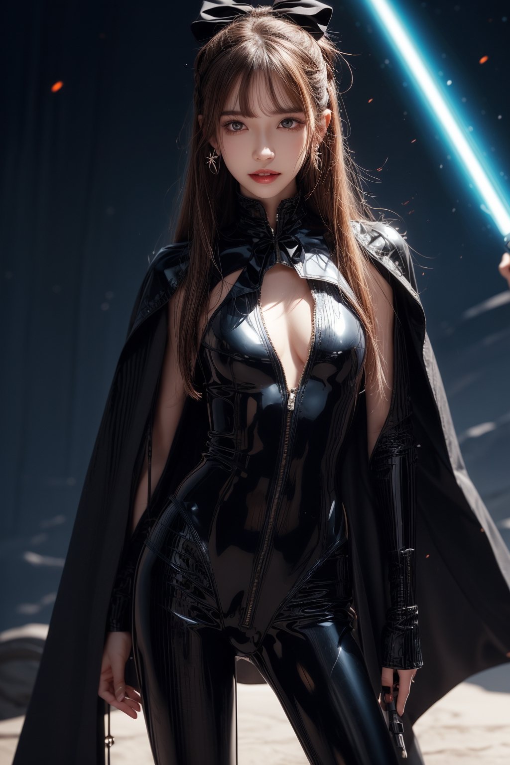 1girl, solo, long hair, looking at the viewer, smile, teeth, bangs, brown hair, realistic, tight suit, dressed as Sith. starwars. sith. black cloak. Holding a Blue lightsaber. a spacewalk, no ground, latex suit, zero gravity, earrings, black eyes, lips, bow headband, lips, ribbon, realistic, parted lips, lips, ribbon, realistic, blurry background,