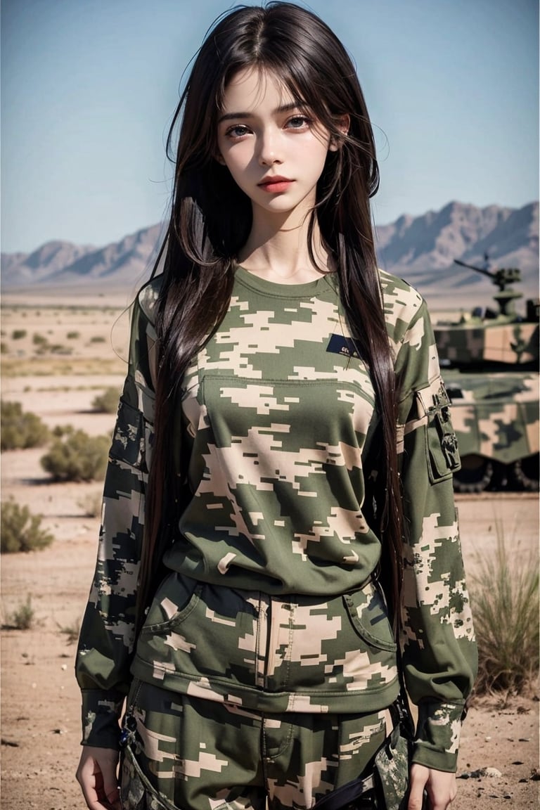 a 20 yo woman, upper body, smile, Tight-fitting military uniform, camouflage military uniform,camouflage, long sleeves and long pants, medium breast, in the desert ,  stand near a tank  direct lighting,  long hair,  soothing tones,  high contrast,  (natural skin texture,  hyperrealism,  soft light,  sharp), chromatic_background, simple background, Detailedface, Detailed eyes, Detailedface,MRRPSS, blurry_background