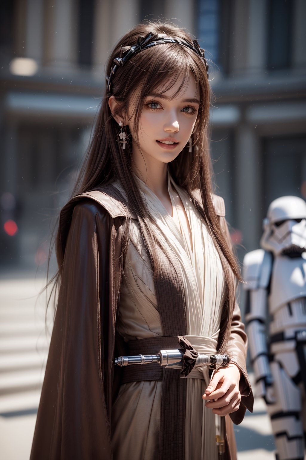 1girl, solo, long hair, looking at the viewer, smile, teeth, bangs, brown hair, realistic, dressed as Sith. starwars. sith.  Holding a lightsaber, earrings, black eyes, lips, bow headband, lips, ribbon, realistic, parted lips, lips, ribbon, realistic, blurry background,sthoutfit,light_saber,JediOutfit