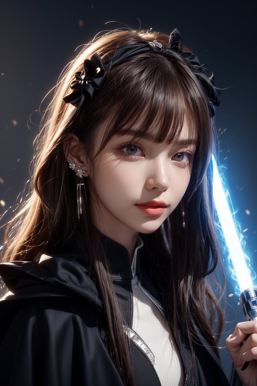 1girl, solo, long hair, looking at the viewer, smile, laugh, bangs, brown hair, realistic, dressed as Sith. starwars. sith. black cloak. Holding a Blue lightsaber, latex suit, Starwars stormtroopers, earrings, black eyes, lips, bow headband, lips, ribbon, realistic, parted lips, lips, ribbon, realistic, blurry background,