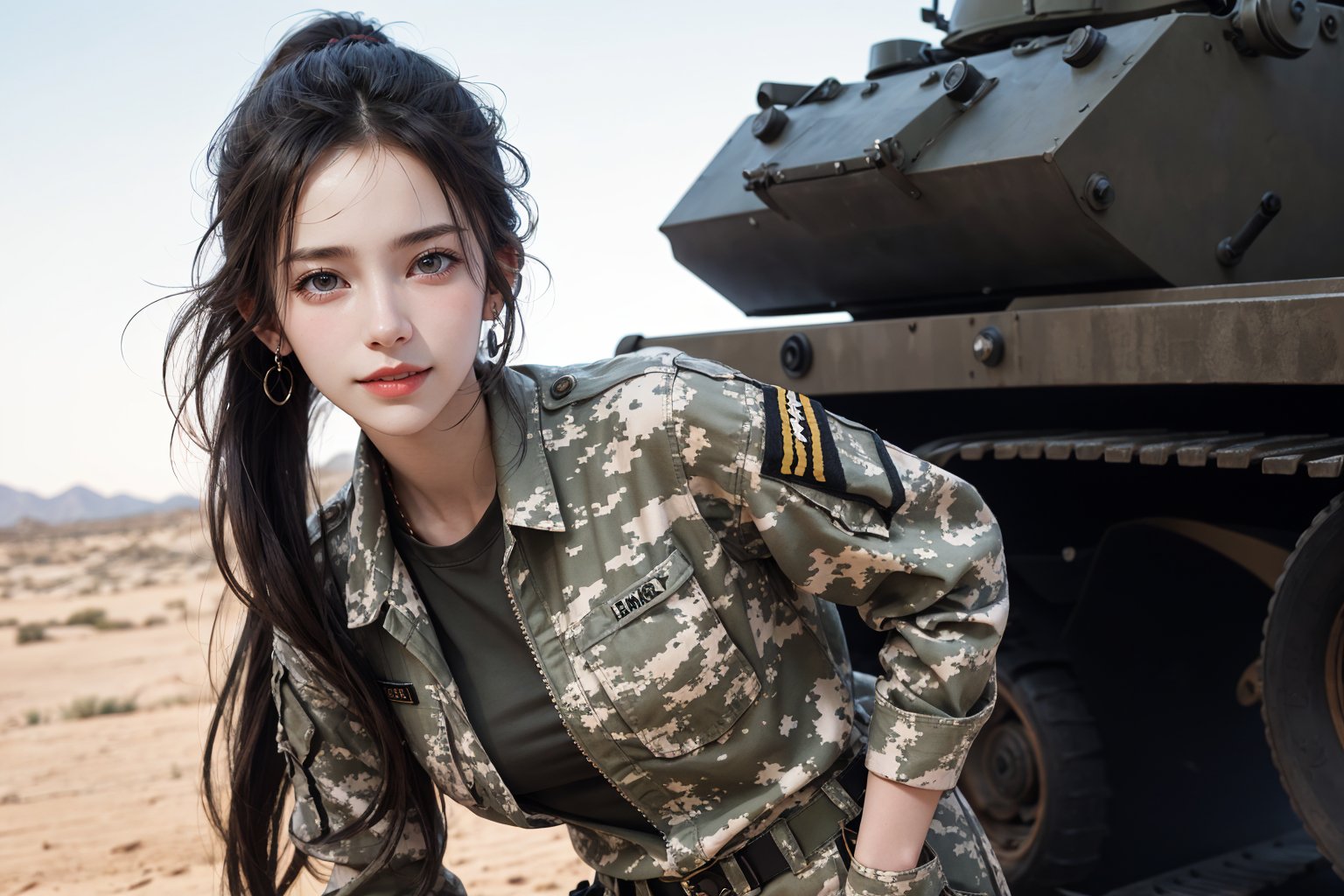 a 20 yo woman, smile, laugh, long hair, medium breast, sexy, realistic,  bright sunny smile, parted lips,   jewelry, earrings, ponytail, lips,Tight-fitting military uniform, camouflage military uniform,camouflage, long sleeves and long pants, medium breast, in the desert ,  stand near a  giant tank ,Hands in pockets with direct lighting, long hair, soothing tones, high contrast, (natural skin texture, hyperrealism, soft light, sharp), chromatic_background, Detailedface, Detailed eyes, Detailedface, blurry background,realistic hands,tank