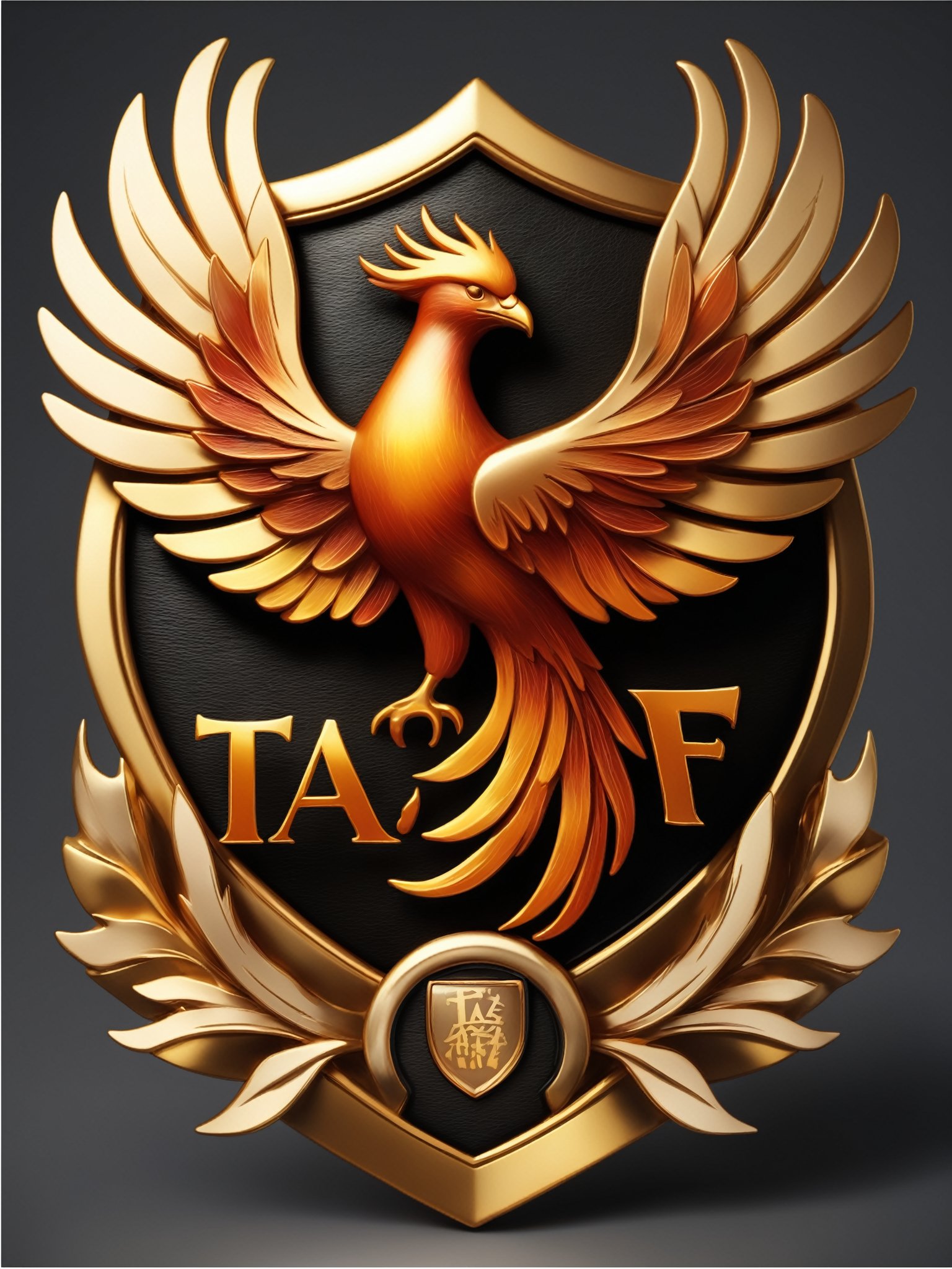 Masterpiece,  realistic. High quality. Badge. a symbol of The flame has the silhouette of a phoenix. With text: TA Anniver...