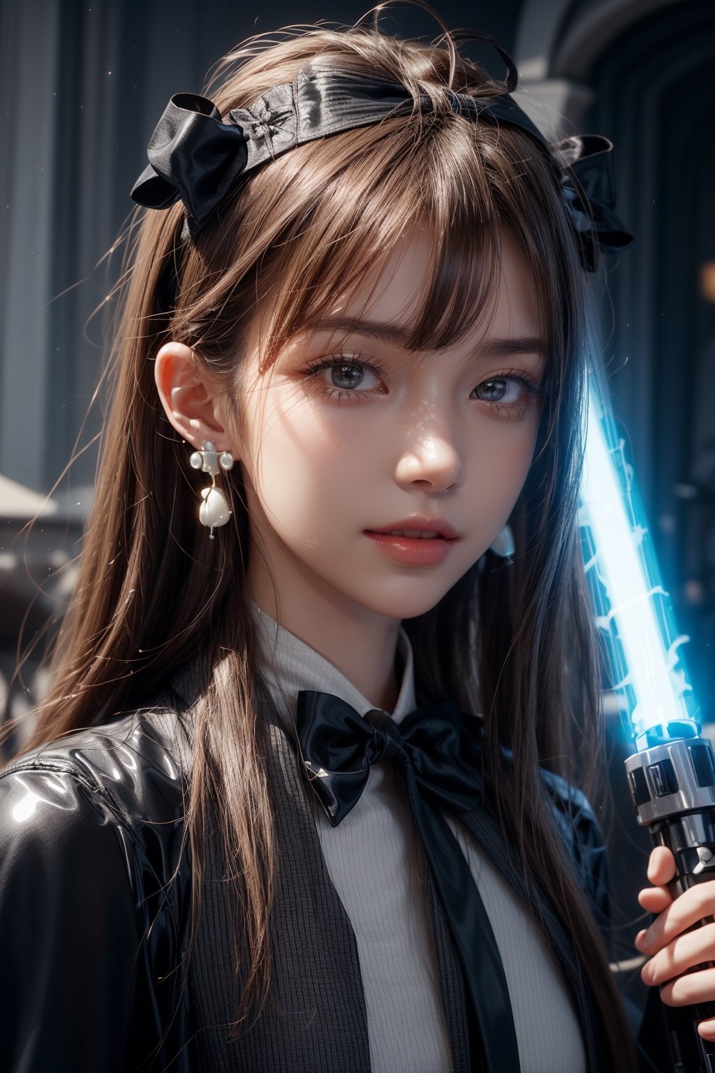 1girl, solo, long hair, looking at the viewer, smile, laugh, bangs, brown hair, realistic, dressed as Sith. starwars. sith.  Holding a Blue lightsaber, latex suit, Starwars stormtroopers, earrings, black eyes, lips, bow headband, lips, ribbon, realistic, parted lips, lips, ribbon, realistic, blurry background,