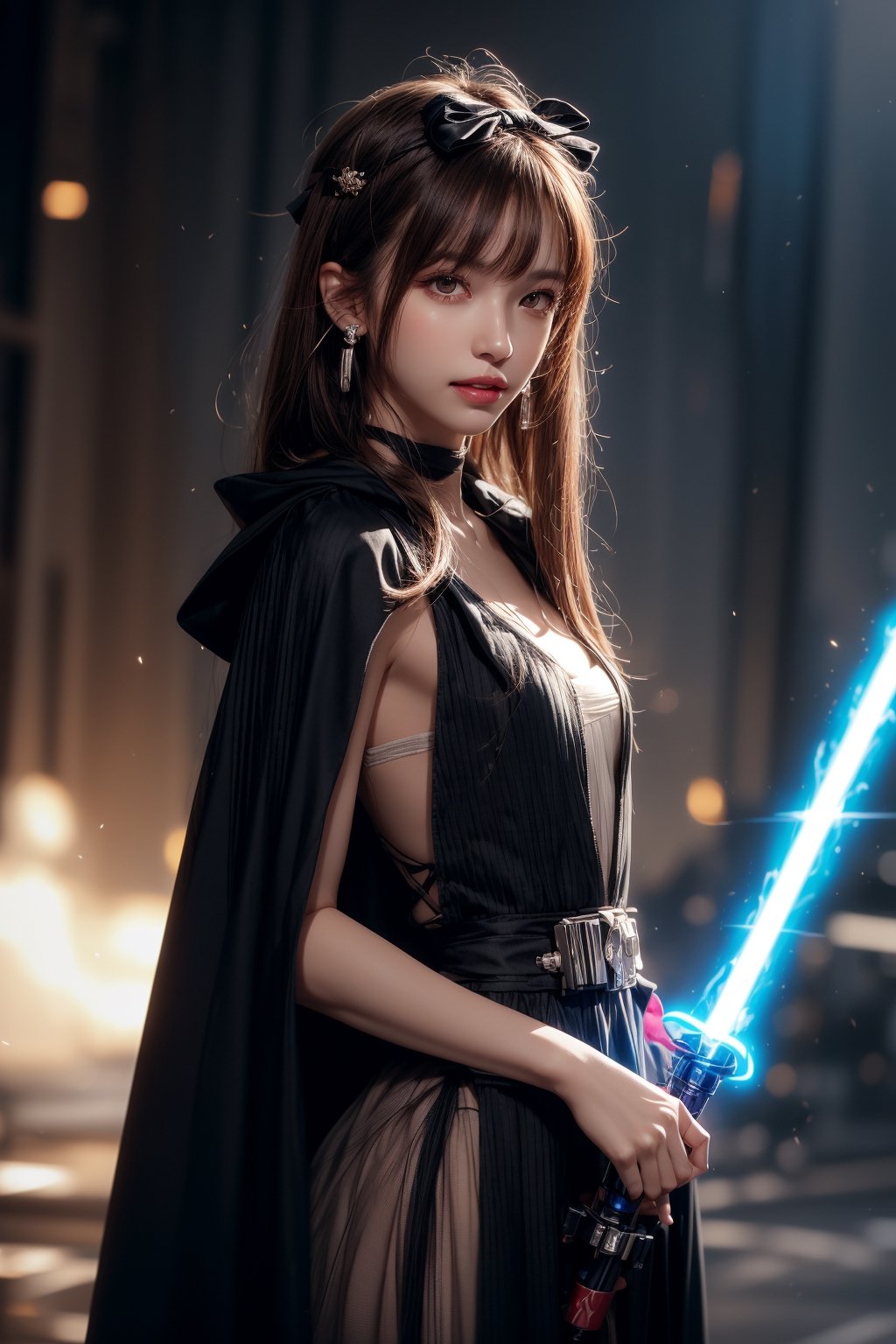 1girl, solo, long hair, looking at the viewer, smile, teeth, bangs, brown hair, realistic,  wearing a tight dress, dressed as Sith. starwars. sith. black cloak. Holding a Blue lightsaber. standing at warzone, Starwars, explosions, laser shots, action scene (HDR:1.5) earrings, black eyes, lips, bow headband, lips, ribbon, realistic, parted lips, lips, ribbon, realistic, blurry background,