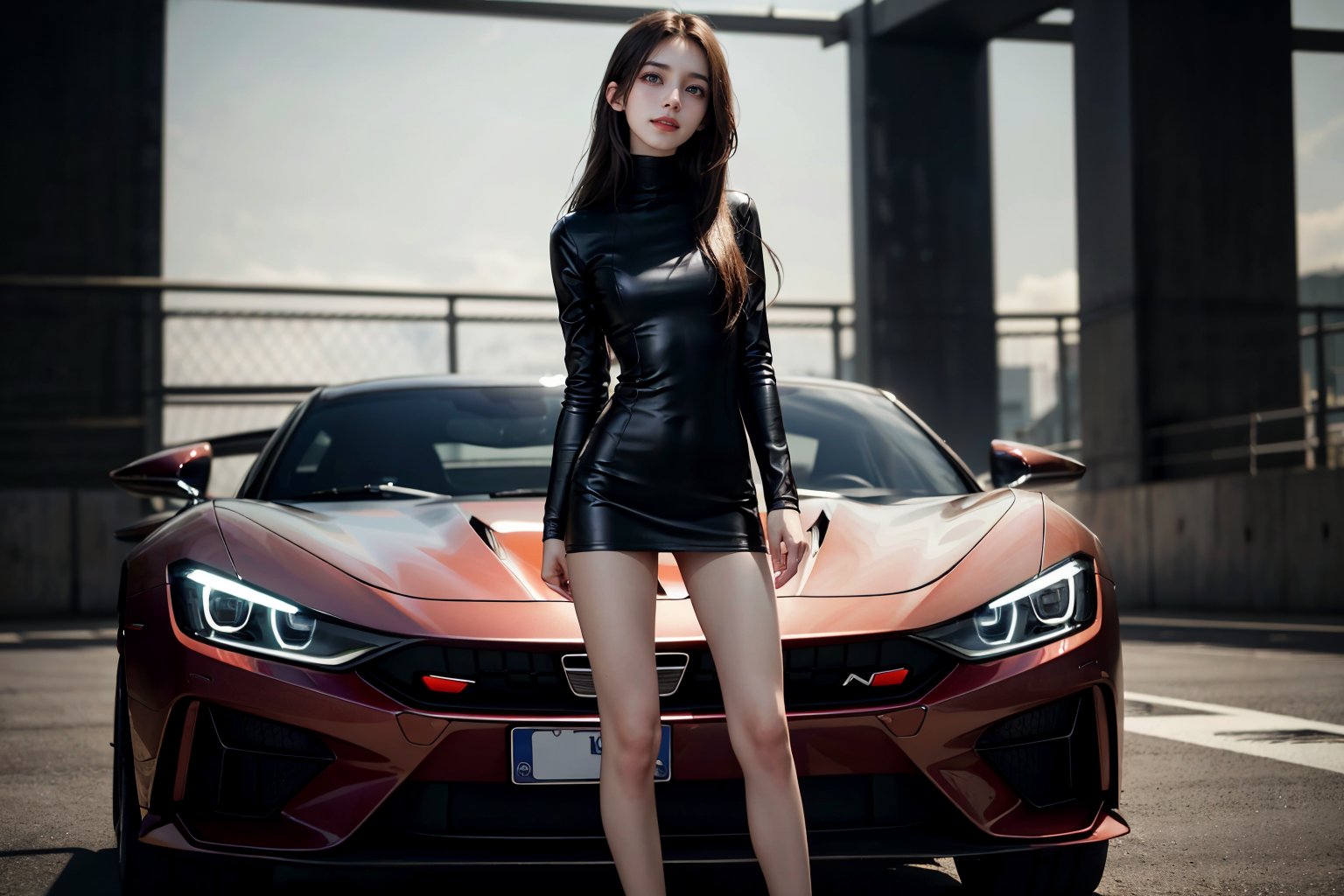 at night, moon, city street, a 20 yo woman, smile, laugh, long hair, medium breast, sexy, realistic,  bright sunny smile, parted lips,   ((Mock Neck Illusion Long Sleeve very short black minidress Black Leather)) , jewels. standing in a parking lot, sports car, at night, masterpiece, best quality, photorealistic, raw photo,  Standing,  with direct lighting, long hair, soothing tones, high contrast, (natural skin texture, hyperrealism, soft light, sharp), chromatic_background, Detailedface, Detailed eyes, Detailedface, blurry background, realistic ,Car,Sports car,super car