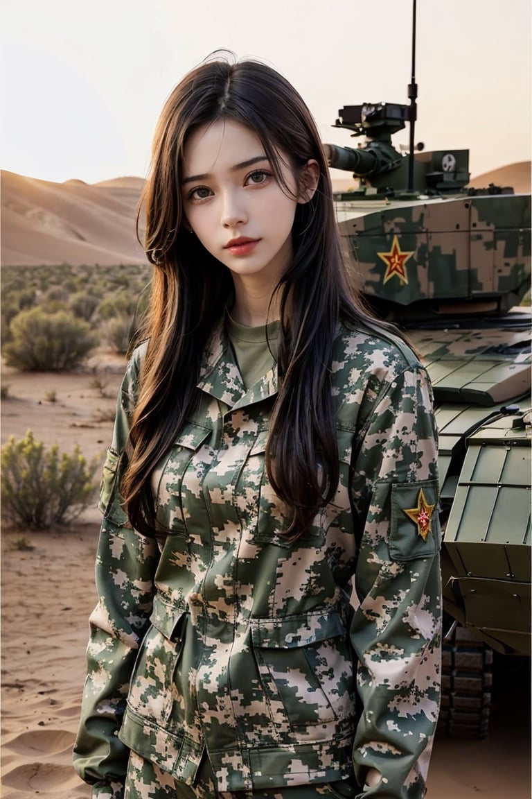 a 20 yo woman, upper body, smile, Tight-fitting military uniform, camouflage military uniform,camouflage, long sleeves and long pants, medium breast, in the desert ,  stand near a tank  direct lighting,  long hair,  soothing tones,  high contrast,  (natural skin texture,  hyperrealism,  soft light,  sharp), chromatic_background, simple background, Detailedface, Detailed eyes, Detailedface,MRRPSS, blurry_background