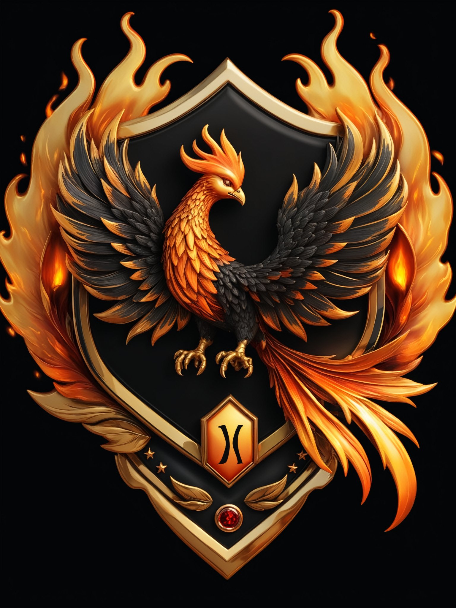 Masterpiece,  realistic. High quality. Badge. The burning flame has the shape of a phoenix,  With text: TA Anniversary by...