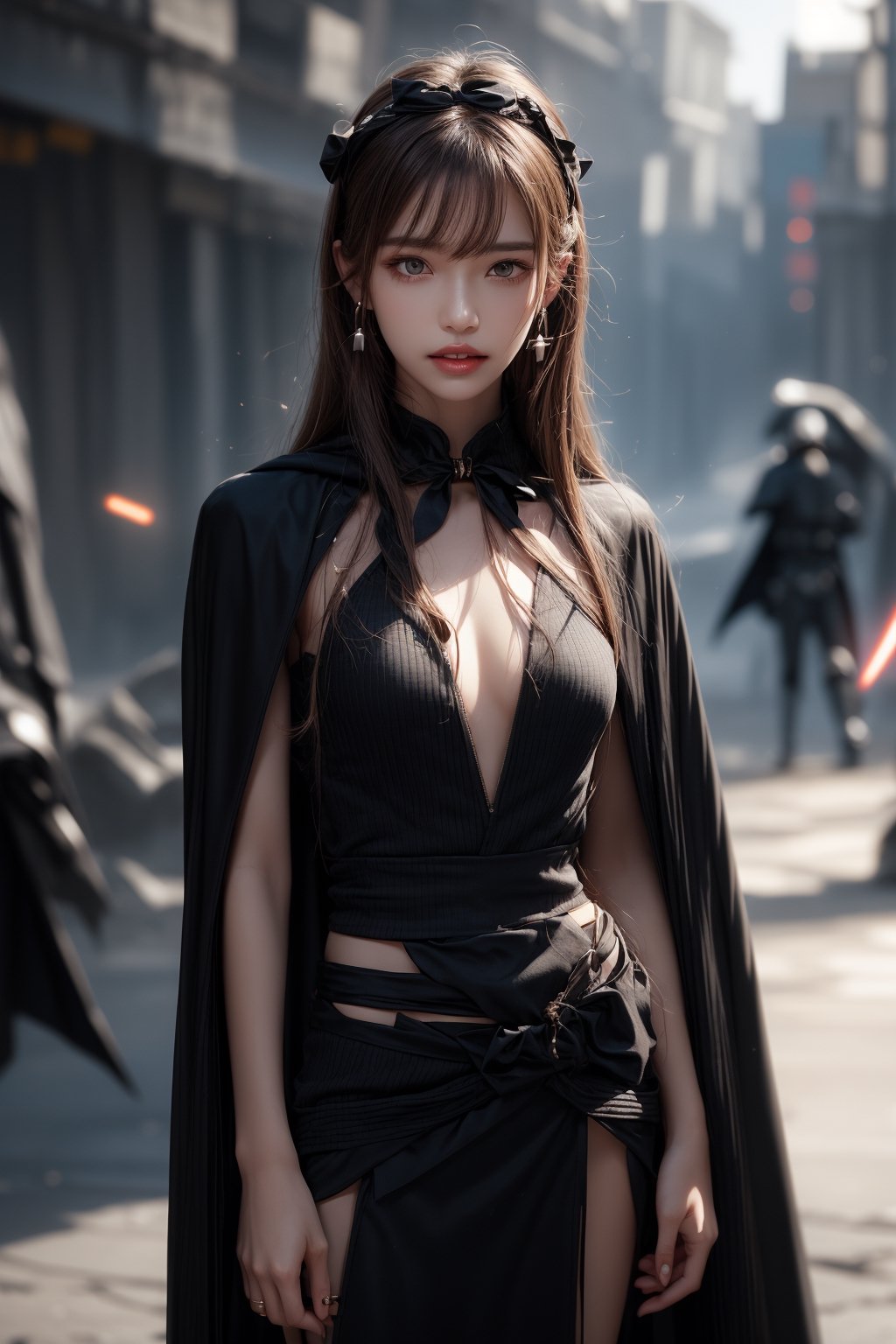 1girl, solo, long hair, looking at the viewer, smile, teeth, bangs, brown hair, realistic,  wearing a tight dress, dressed as Sith. starwars. sith. black cloak. Holding a Blue lightsaber. standing at warzone, Starwars, explosions, laser shots, action scene (HDR:1.5) earrings, black eyes, lips, bow headband, lips, ribbon, realistic, parted lips, lips, ribbon, realistic, blurry background,