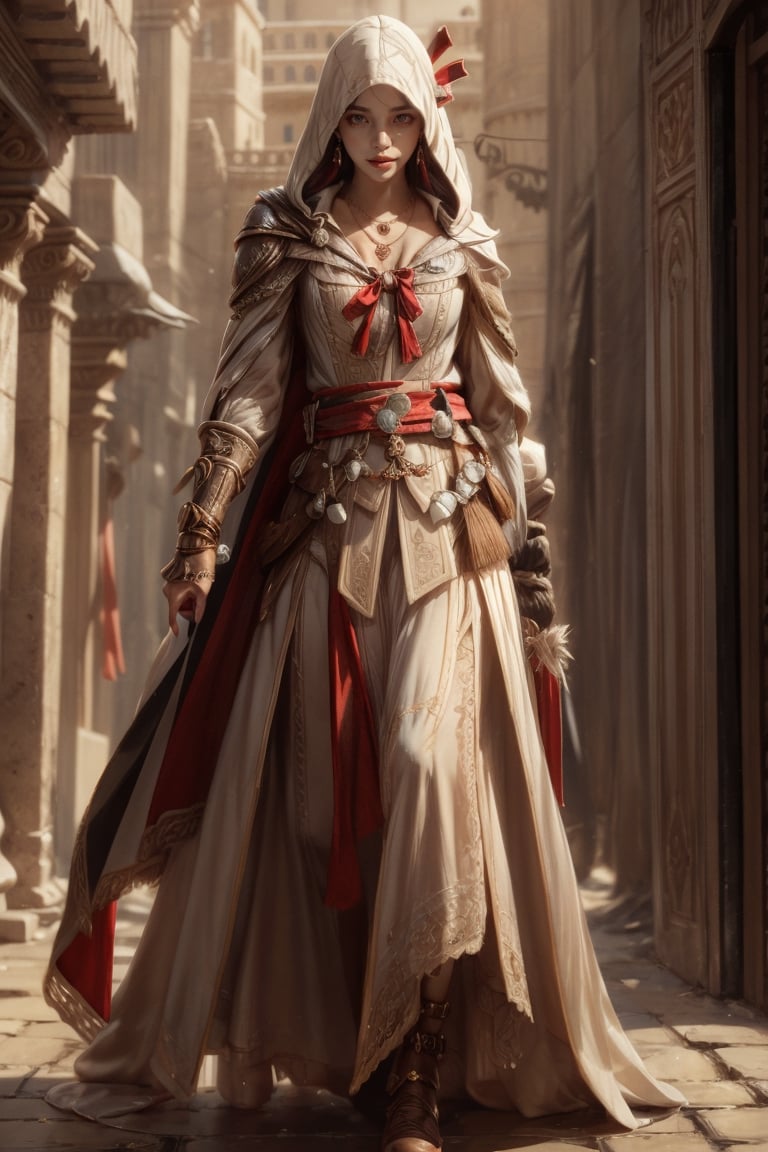 1girl, solo, long hair, looking at viewer, smile, laugh, bangs, brown hair, realistic,  medium breast, cowboy shot,  mature body, fantastical and ethereal scenery, daytime, full body, boots, hood, necklace, sash, vambraces, White clothes, cloak, dress as Assassin Creed style, bracer, mature body, fantastical and ethereal scenery, daytime,  earrings, outdoors, parted lips, day, lips, full body, outdoors,  blurry,  blurry background, earrings, black eyes, lips, bow headband, lips, ribbon, realistic, parted lips, lips, ribbon, realistic, blurry background,AS