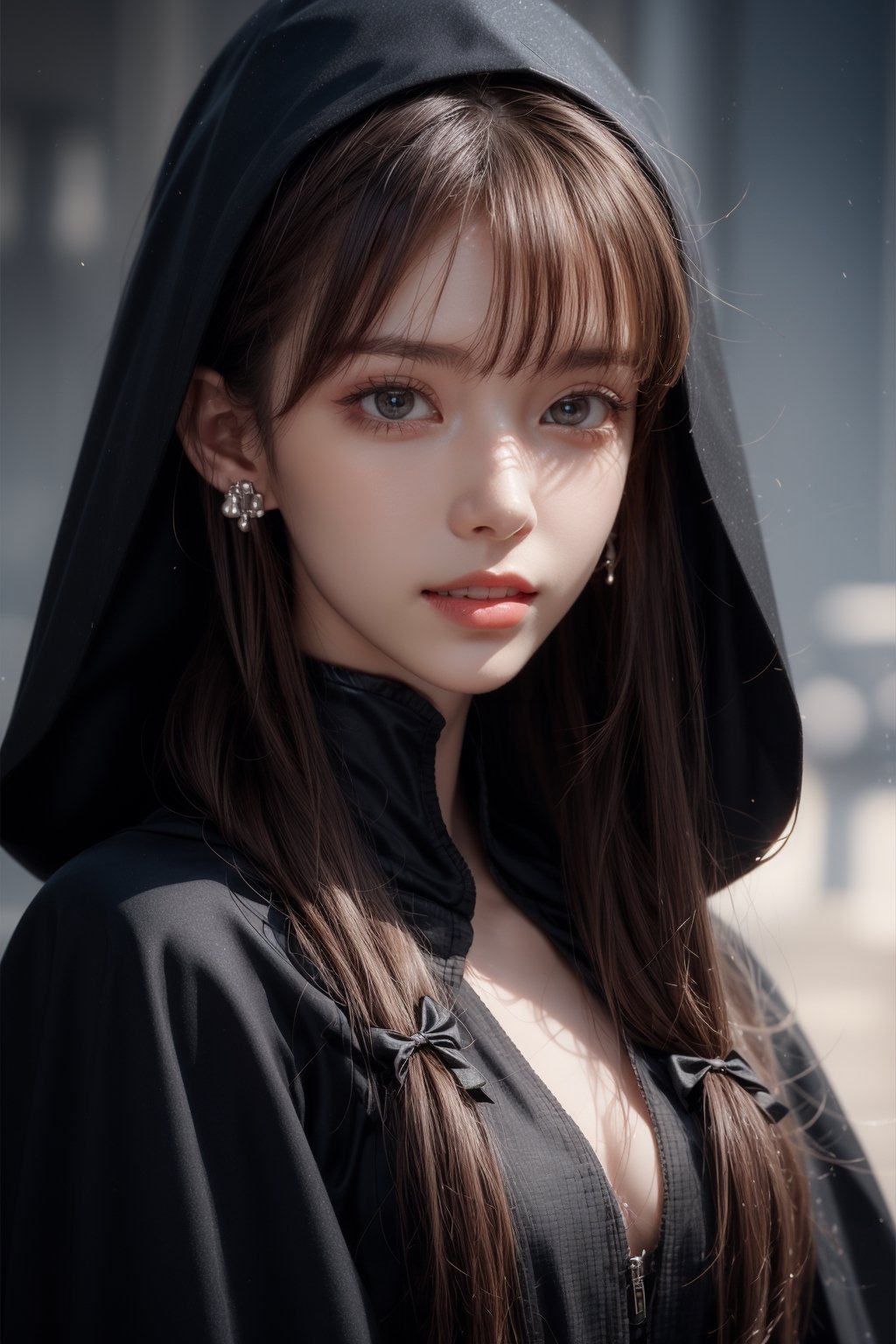 1girl, solo, long hair, looking at the viewer, smile, teeth, bangs, brown hair, realistic, dressed as Sith. starwars. sith. black cloak. Holding a Blue lightsaber, latex suit, Starwars stormtroopers, earrings, black eyes, lips, bow headband, lips, ribbon, realistic, parted lips, lips, ribbon, realistic, blurry background,