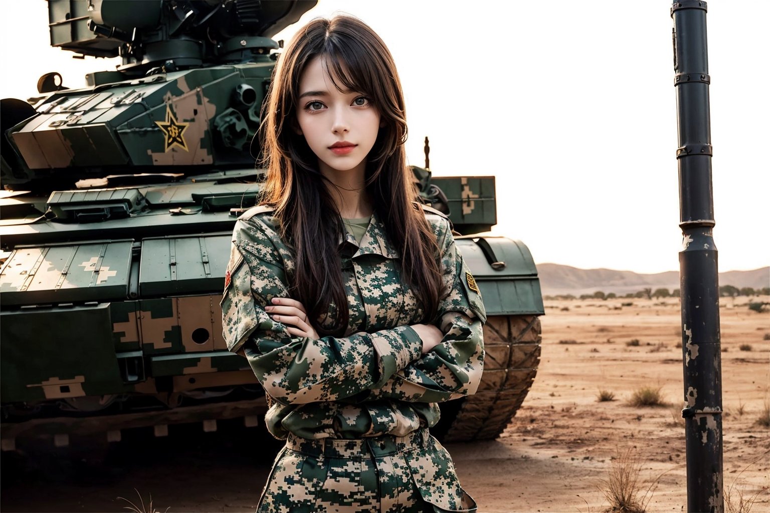 a 20 yo woman, upper body, smile, laugh, Tight-fitting military uniform, camouflage military uniform,camouflage, long sleeves and long pants, medium breast, in the desert , stand in front of a giant tank ,direct lighting, crossed arms, long hair,  soothing tones,  high contrast,  (natural skin texture,  hyperrealism,  soft light,  sharp), chromatic_background, simple background, Detailedface, Detailed eyes, Detailedface,MRRPSS, blurry_background