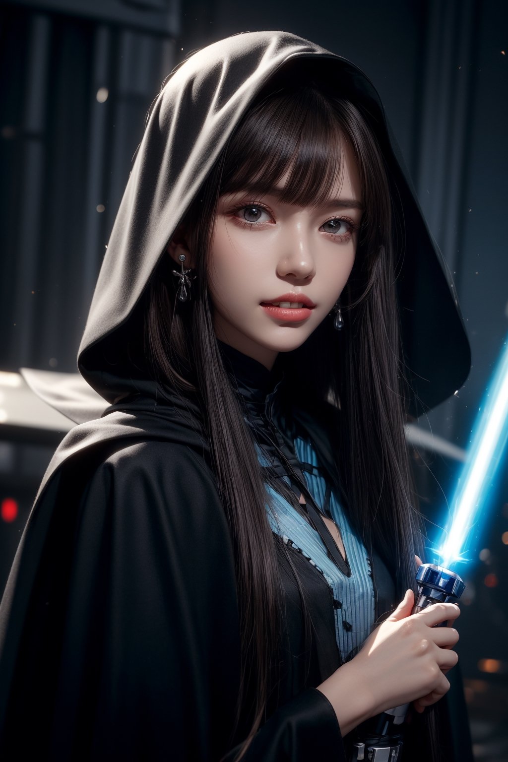 1girl, solo, long hair, looking at the viewer, smile, teeth, bangs, brown hair, realistic, dressed as Sith. starwars. sith. black cloak. Holding a Blue lightsaber. a spacewalk, no ground, latex suit, zero gravity, earrings, black eyes, lips, bow headband, lips, ribbon, realistic, parted lips, lips, ribbon, realistic, blurry background,