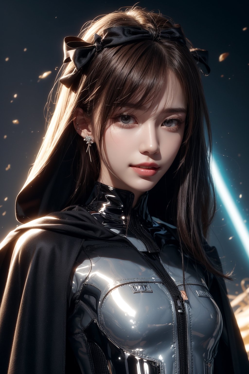 1girl, solo, long hair, looking at the viewer, smile, teeth, bangs, brown hair, realistic, tight suit, dressed as Sith. starwars. sith. black cloak. Holding a Blue lightsaber. a spacewalk, no ground, latex suit, zero gravity, earrings, black eyes, lips, bow headband, lips, ribbon, realistic, parted lips, lips, ribbon, realistic, blurry background,