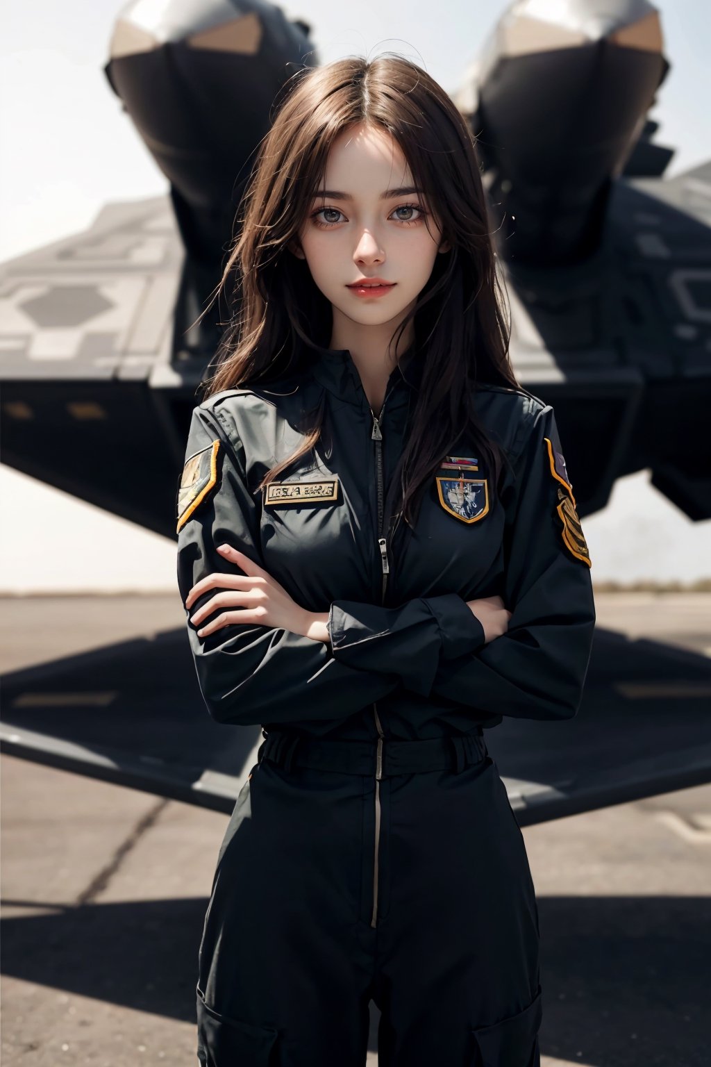 a 20 yo woman, upper body, smile, Tight-fitting military uniform, camouflage military uniform, emblem, crossed arms, long sleeves and long pants, medium breast, at the air force base tarmac,  day, standing in front of a fight jet(F-22 Raptor plane),,  direct lighting,  long hair,  soothing tones,  high contrast,  (natural skin texture,  hyperrealism,  soft light,  sharp), chromatic_background, simple background, Detailedface, Detailed eyes, Detailedface,MRRPSS, ,F-22, colorful picture, 