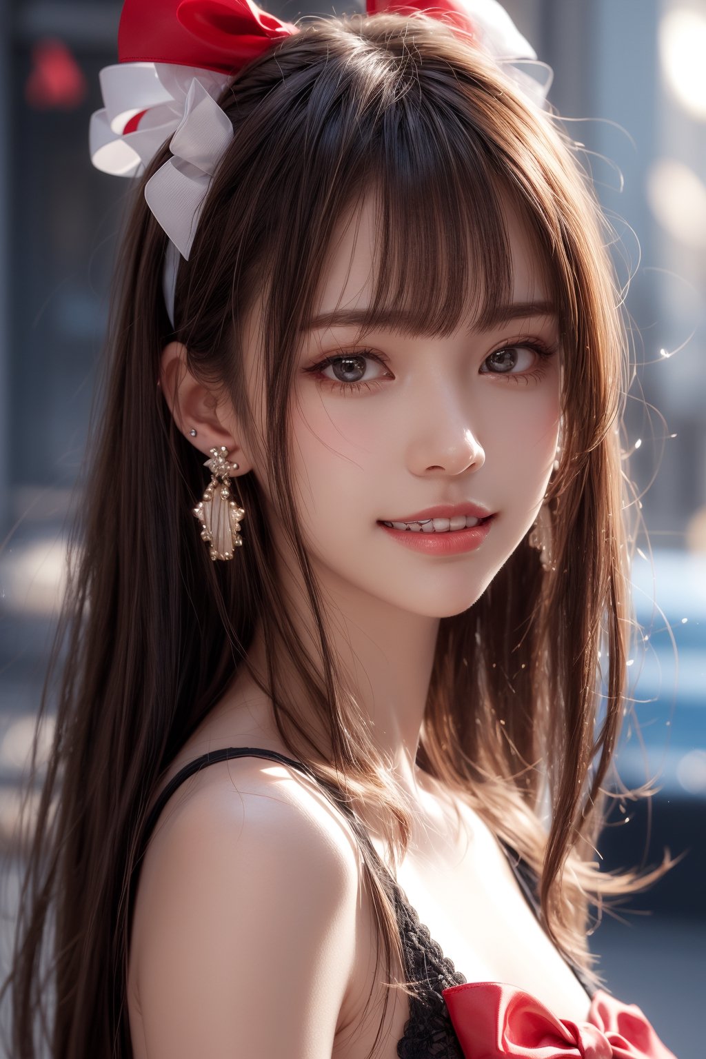 1girl, solo, long hair, looking at the viewer, smile, teeth, bangs, brown hair, realistic,  earrings, black eyes, lips, bow headband, lips, ribbon, realistic, parted lips, lips, ribbon, realistic, blurry background,