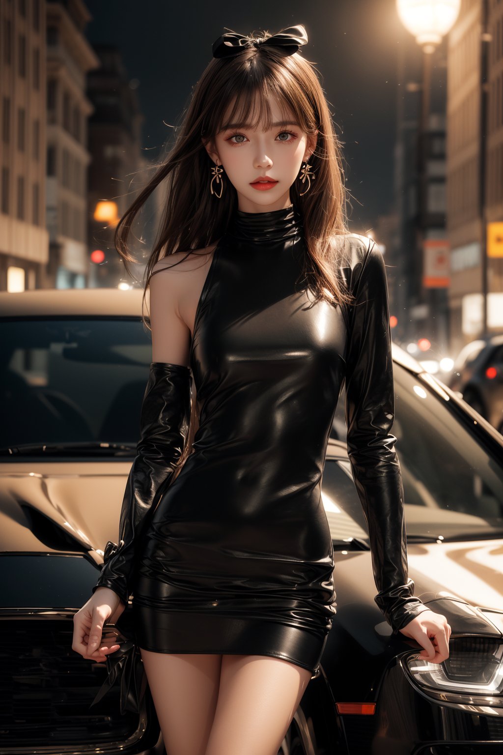 at night, night, moon, city street, 1girl, solo, long hair, looking at the viewer, smile, bangs, brown hair, realistic, shoulders-long messy elegant hair. ((Mock Neck Illusion Long Sleeve very short black minidress Black Leather)) , jewels. standing, in the evening, sports car, at night, night, masterpiece, best quality, photorealistic, raw photo, earrings, black eyes, lips, bow headband, lips, ribbon, realistic, parted lips, lips, ribbon, realistic, blurry background,Car