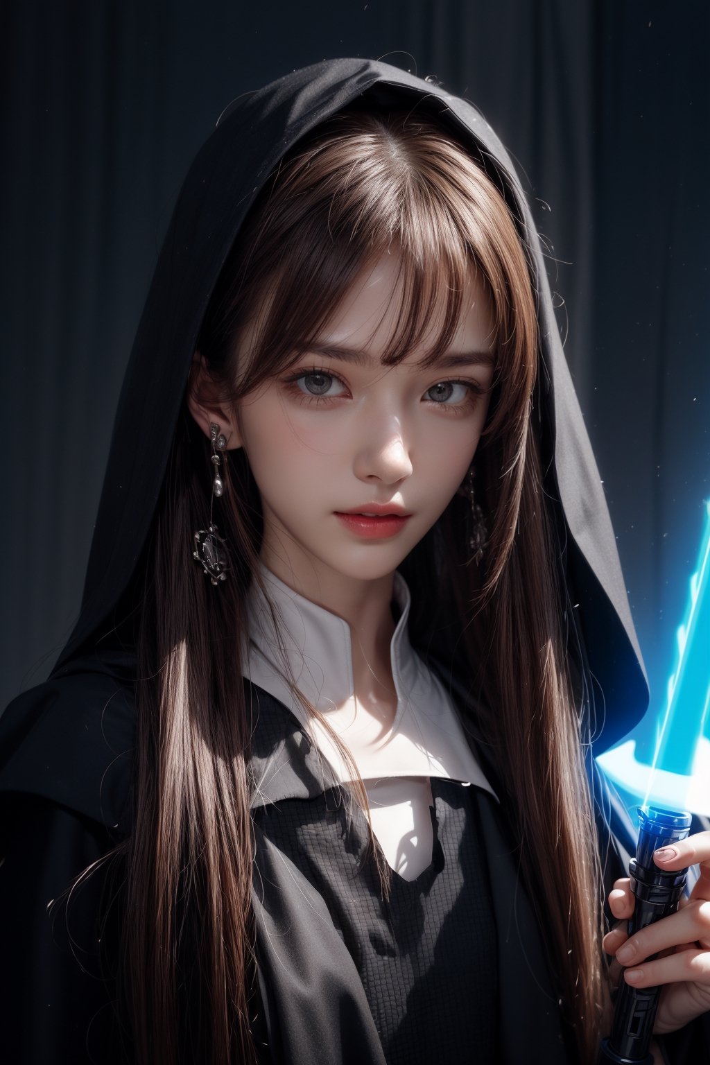 1girl, solo, long hair, looking at the viewer, smile, laugh, bangs, brown hair, realistic, dressed as Sith. starwars. sith. black cloak. Holding a Blue lightsaber, latex suit, Starwars stormtroopers, earrings, black eyes, lips, bow headband, lips, ribbon, realistic, parted lips, lips, ribbon, realistic, blurry background,