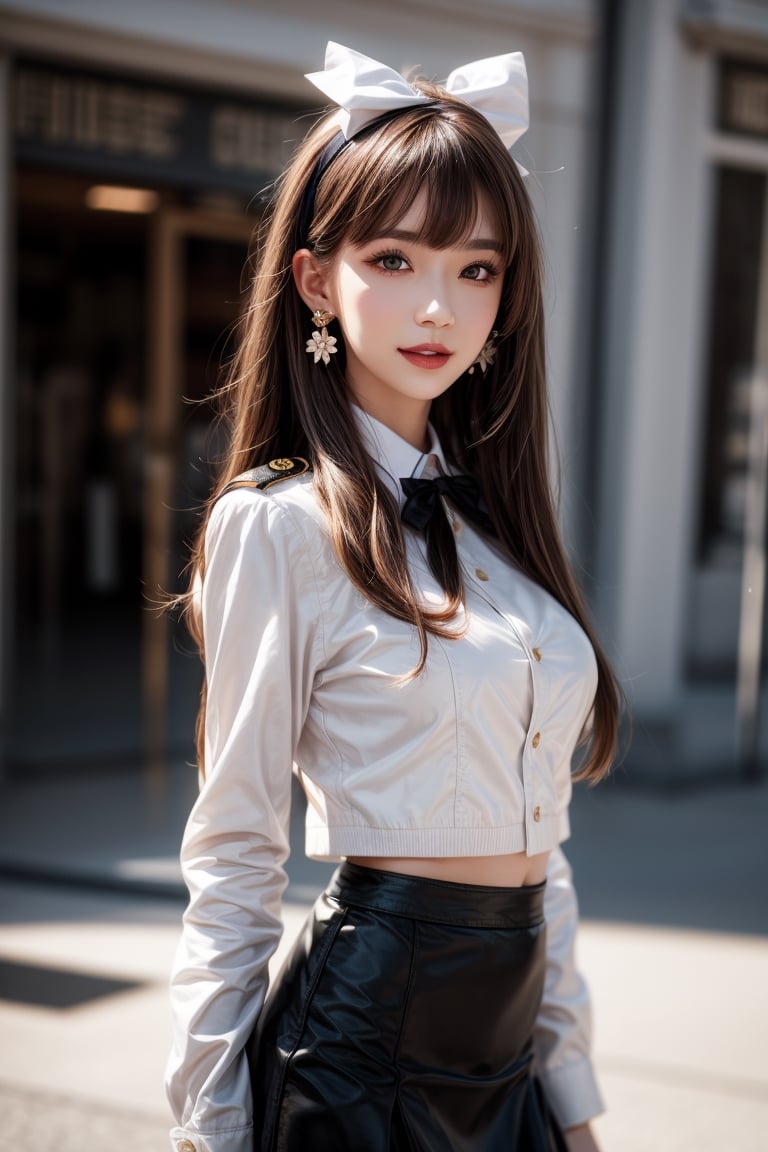 1girl, solo, long hair, looking at the viewer, smile, bangs, brown hair,  realistic, skirt, jacket, military uniform, pencil skirt, realistic, medium breasts, earrings, black eyes, lips, bow headband, blurry, lips, blurry background, ribbon, realistic, parted lips, lips, blurry background, bow, ribbon, realistic,