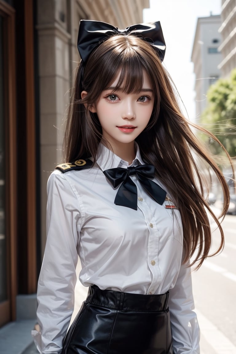 1girl, solo, long hair, looking at the viewer, smiling, bangs, brown hair,  military uniform, pencil skirt, outdoors,, bow, ribbon, hair ribbon,  hairband,  parted lips,  bowtie, lips,  bow,  ribbon, realistic,