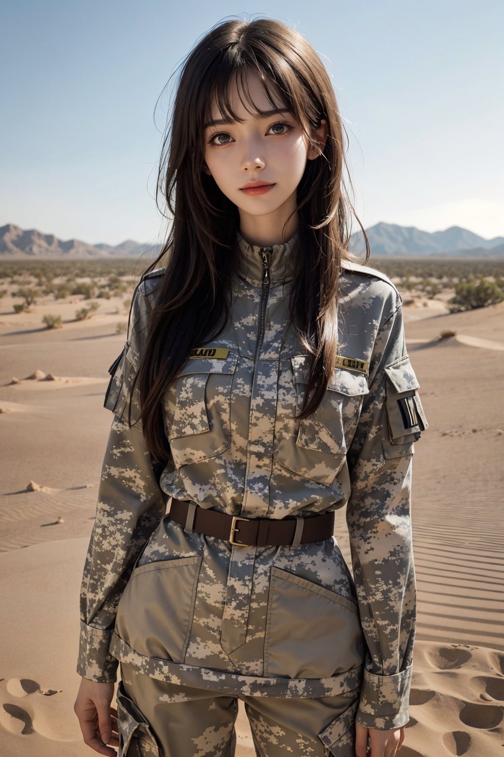 a 20 yo woman, upper body, smile, Tight-fitting military uniform, camouflage military uniform,camouflage, long sleeves and long pants, medium breast, in the desert ,  stand near a tank  direct lighting,  long hair,  soothing tones,  high contrast,  (natural skin texture,  hyperrealism,  soft light,  sharp), chromatic_background, simple background, Detailedface, Detailed eyes, Detailedface,MRRPSS, blurry_background