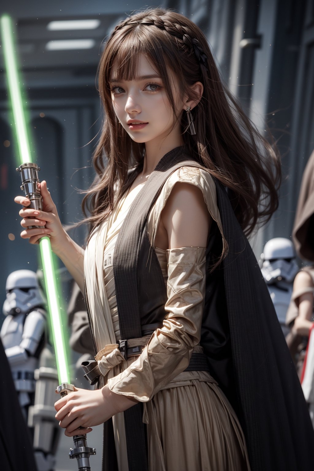 1girl, solo, long hair, looking at the viewer, smile, teeth, bangs, brown hair, realistic, dressed as Sith. starwars. sith.  Holding a lightsaber, earrings, black eyes, lips, bow headband, lips, ribbon, realistic, parted lips, lips, ribbon, realistic, blurry background,sthoutfit,light_saber,JediOutfit