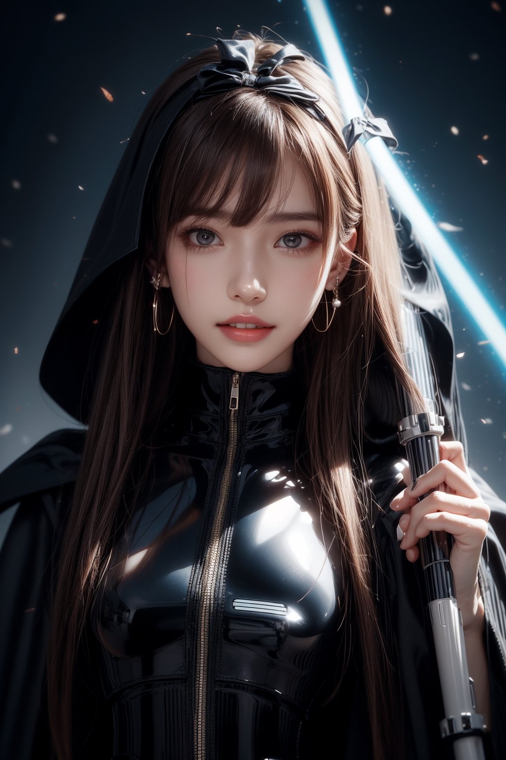 1girl, solo, long hair, looking at the viewer, smile, teeth, bangs, brown hair, realistic, tight suit, dressed as Sith. starwars. sith. black cloak. Holding a Blue lightsaber. a spacewalk, no ground, latex suit, zero gravity, earrings, black eyes, lips, bow headband, lips, ribbon, realistic, parted lips, lips, ribbon, realistic, blurry background,