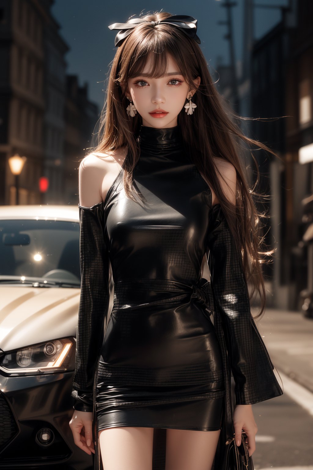 at night, night, moon, city street, 1girl, solo, long hair, looking at the viewer, smile, bangs, brown hair, realistic, shoulders-long messy elegant hair. ((Mock Neck Illusion Long Sleeve very short black minidress Black Leather)) , jewels. standing, in the evening, sports car, at night, night, masterpiece, best quality, photorealistic, raw photo, earrings, black eyes, lips, bow headband, lips, ribbon, realistic, parted lips, lips, ribbon, realistic, blurry background,Car