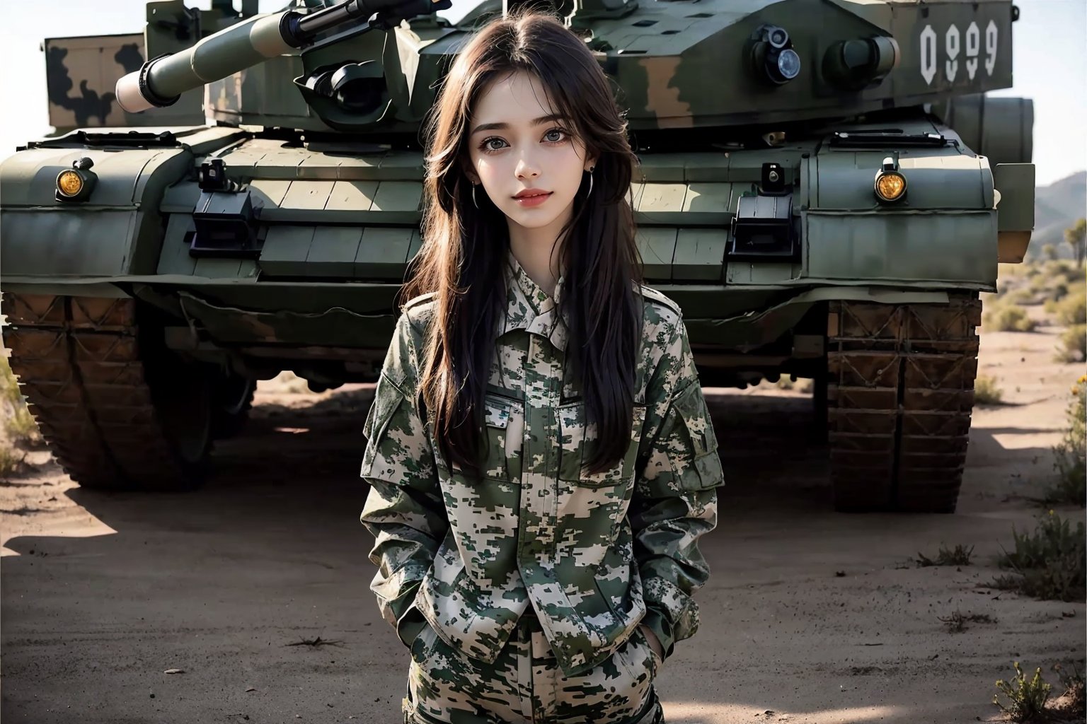 a 20 yo woman, smile, laugh, long hair, medium breast, sexy, realistic,  bright sunny smile, parted lips,   jewelry, earrings, hair flower, lips,Tight-fitting military uniform, camouflage military uniform,camouflage, long sleeves and long pants, medium breast, in the desert ,  stand near a  giant tank ,Hands in pockets with direct lighting, long hair, soothing tones, high contrast, (natural skin texture, hyperrealism, soft light, sharp), chromatic_background, Detailedface, Detailed eyes, Detailedface, blurry background,realistic hands,tank