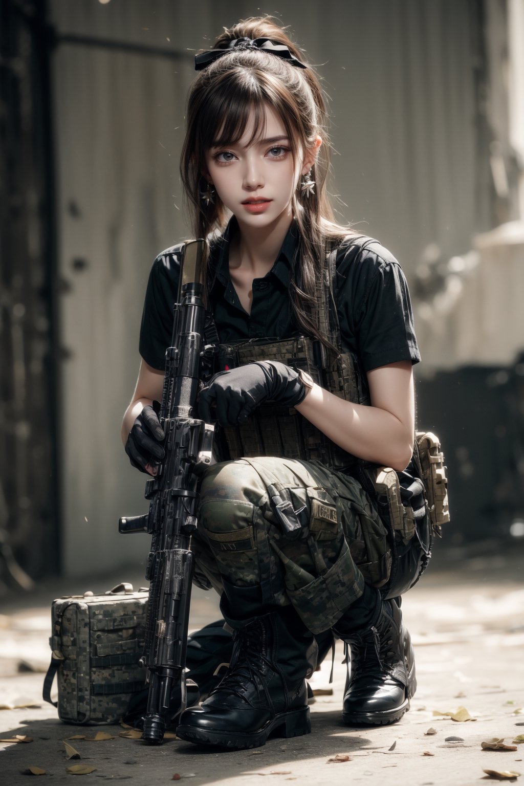 1girl, solo, long hair, looking at the viewer, smile, laugh,  bangs, brown hair, realistic, ponytail, open mouth, gloves, holding, weapon,  realistic, short sleeves, boots, black gloves, pants, fingerless gloves, black footwear, holding weapon, blurry, gun, military, black shirt, blurry background, black pants, holding gun, knee pads, one knee, combat boots, equipped with a ultrarealistic photorealistic detailed M60 machine gun,, Military,  elegance, masterpiece, earrings, realistic,  masterpiece, best quality, photorealistic, raw photo,  earrings, black eyes, lips, bow headband, lips, ribbon, realistic, parted lips, lips, ribbon, realistic, blurry background,Military,Taskforce