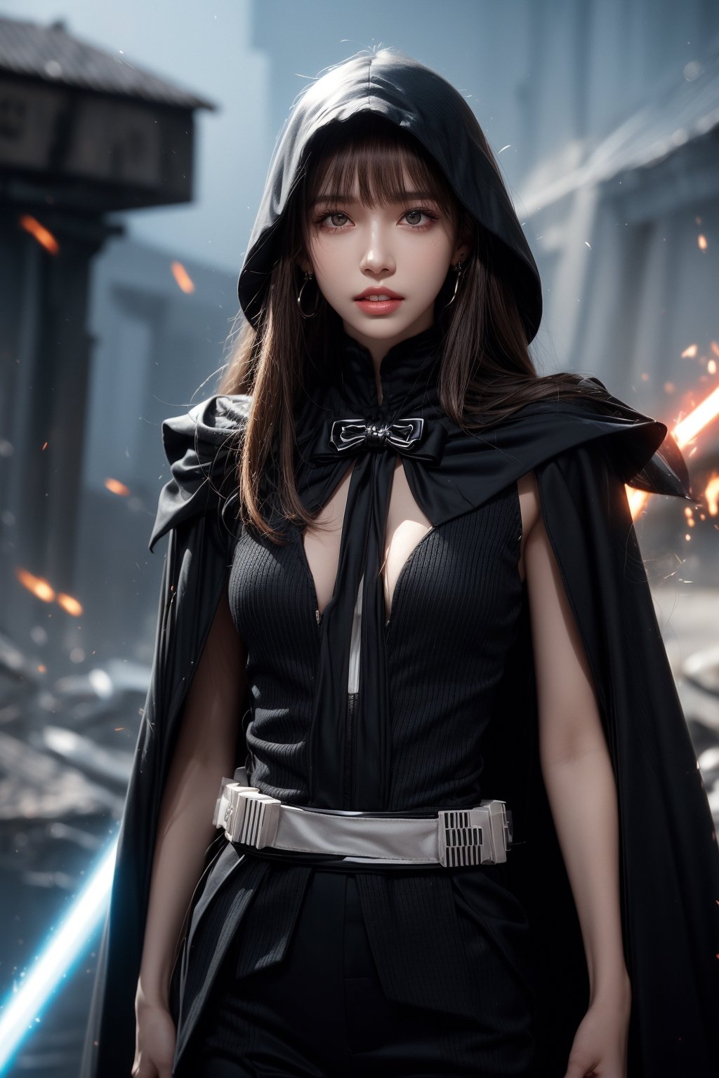 1girl, solo, long hair, looking at the viewer, smile, teeth, bangs, brown hair, realistic,  wearing a tight suit, dressed as Sith. Starwars. Sith. black cloak. rope, Holding a Blue lightsaber. energy sword, lightsaber,  standing at warzone, Starwars, explosions, laser shots, action scene (HDR:1.5) earrings, black eyes, lips, bow headband, lips, ribbon, realistic, parted lips, lips, ribbon, realistic, blurry background,