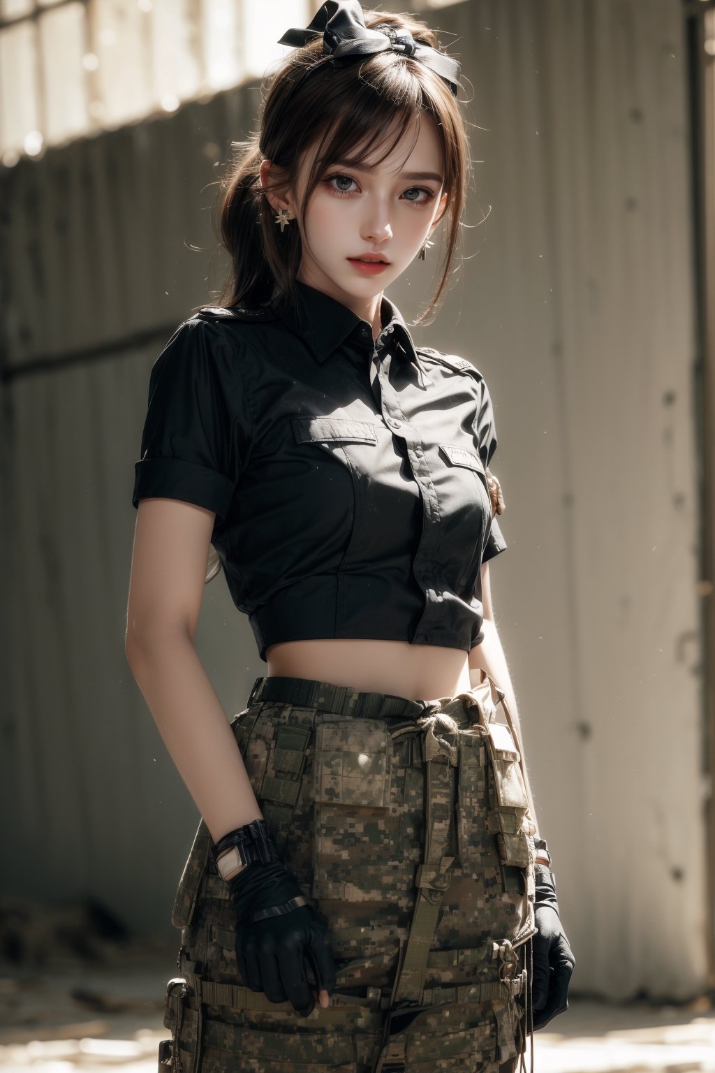 1girl, solo, long hair, upper body, cowboy shot, looking at the viewer, smile, laugh,  bangs, brown hair, realistic, ponytail, open mouth,  realistic, short sleeves, boots, black gloves, pants,  blurry, military, black shirt, Military uniform,  blurry background,  Military,  elegance, masterpiece, earrings, realistic, masterpiece, best quality, photorealistic, raw photo,  earrings, black eyes, lips, bow headband, lips, ribbon, realistic, parted lips, lips, ribbon, realistic, blurry background, Military,Taskforce,girl