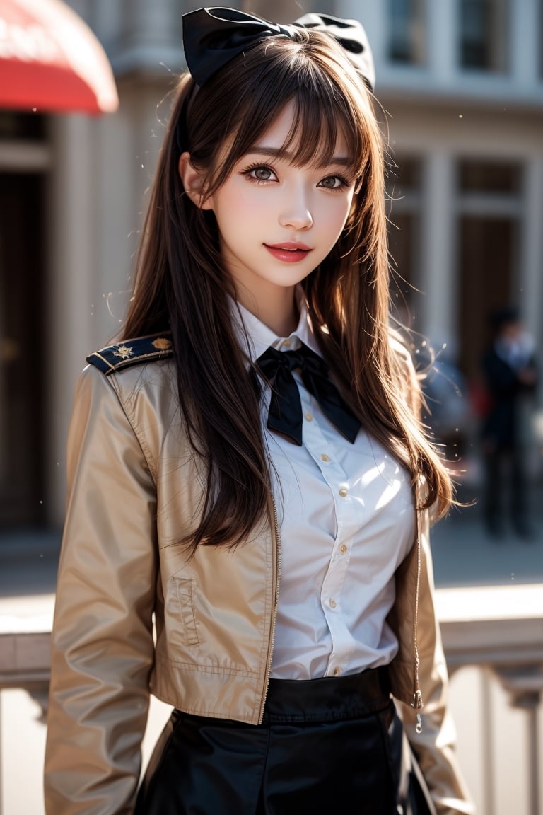 1girl, solo, long hair, looking at the viewer, smile, bangs, brown hair,  realistic, skirt, jacket, military uniform, pencil skirt, realistic, medium breasts, black eyes, lips, bow headband, blurry, lips, blurry background, ribbon, realistic, parted lips, lips, blurry background, bow, ribbon, realistic,